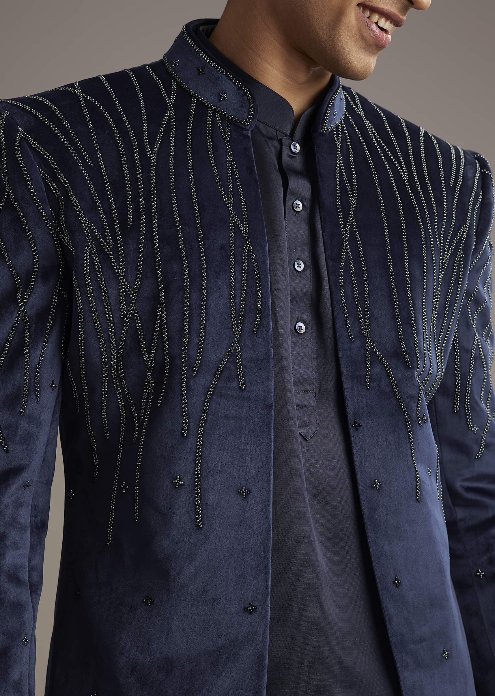 Navy Blue Velvet Indo Western Set For Men With Beads Work - Image 2