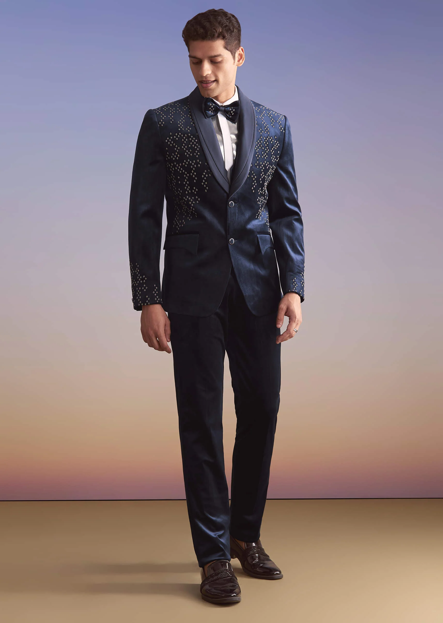 Navy Blue Velvet Tuxedo For Men With Hand Embroidery