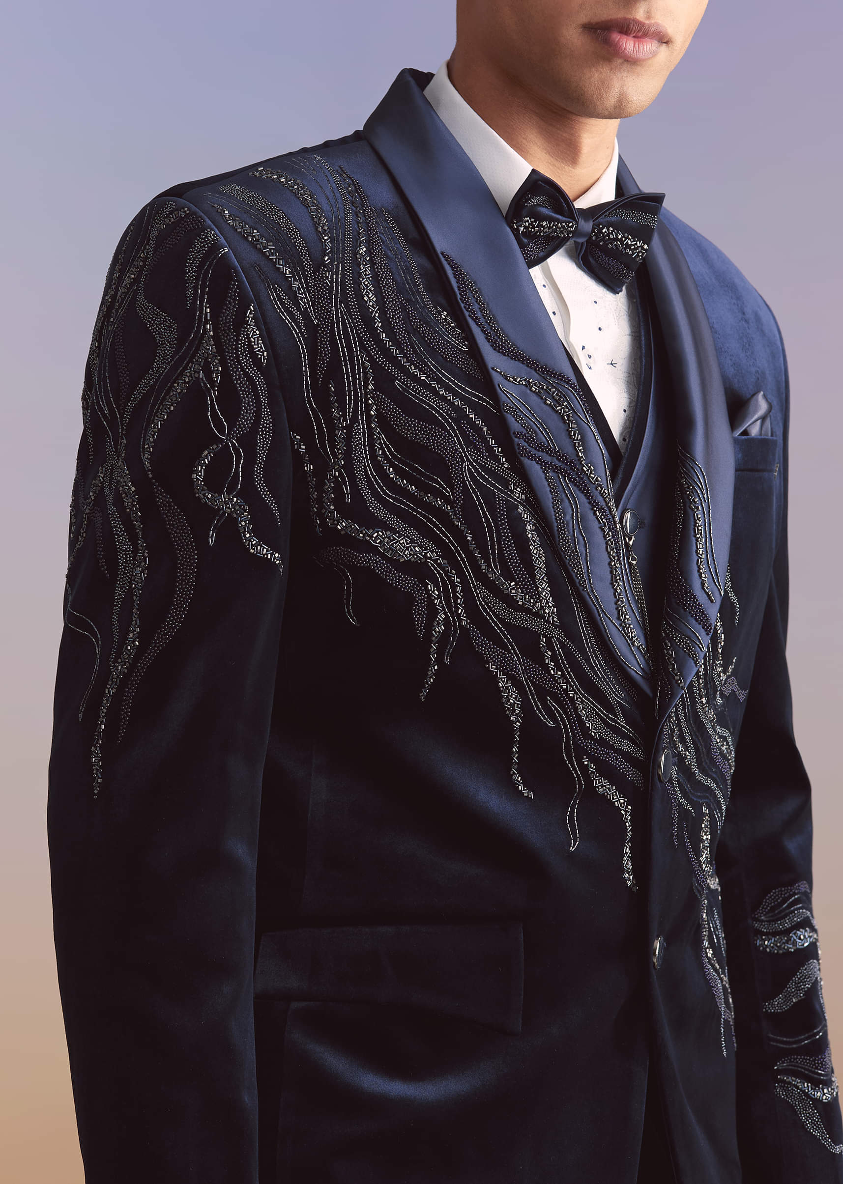 Navy Blue Velvet Tuxedo For Men With Intricate Hand Work - Image 2
