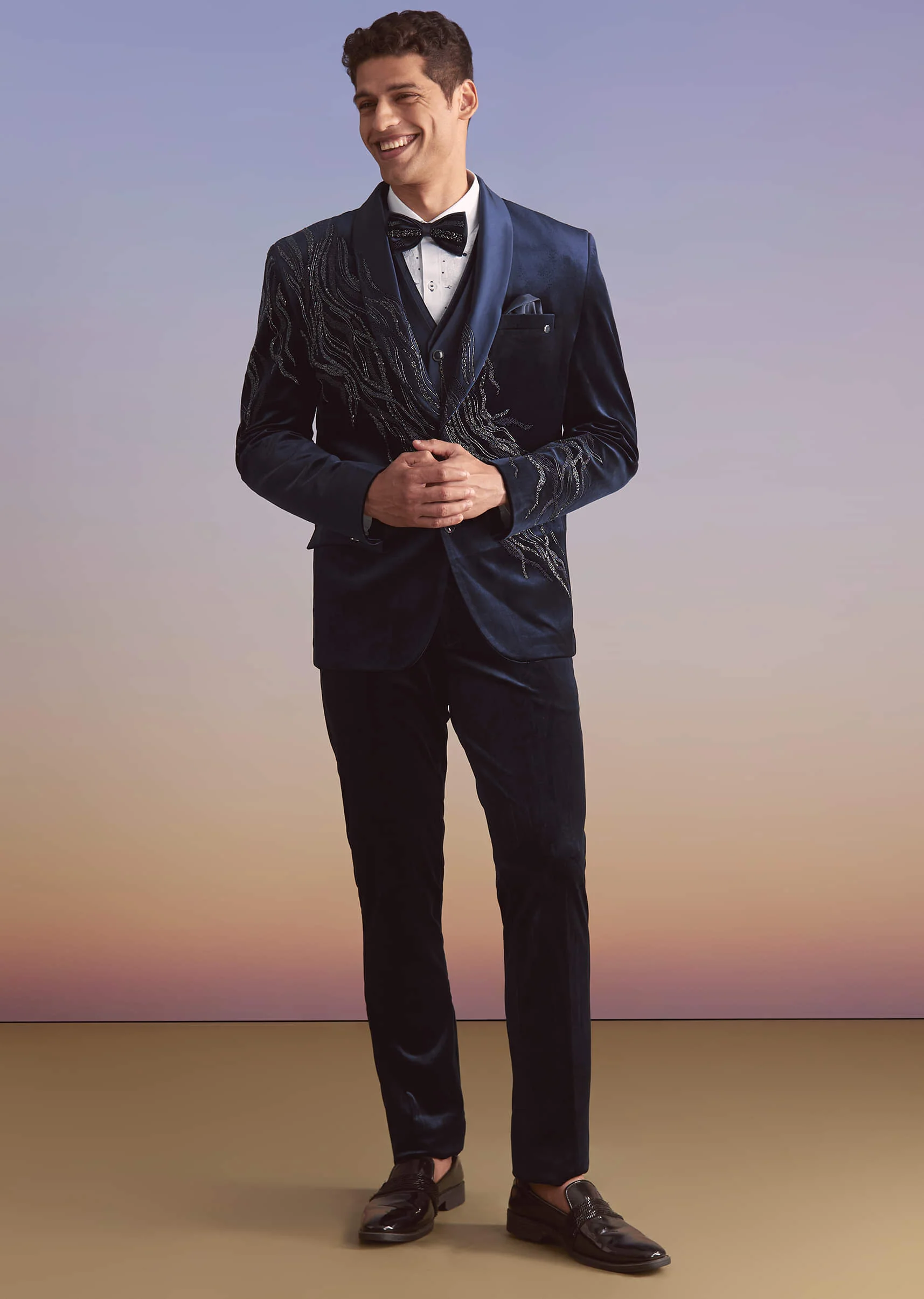 Navy Blue Velvet Tuxedo For Men With Intricate Hand Work - Image 3