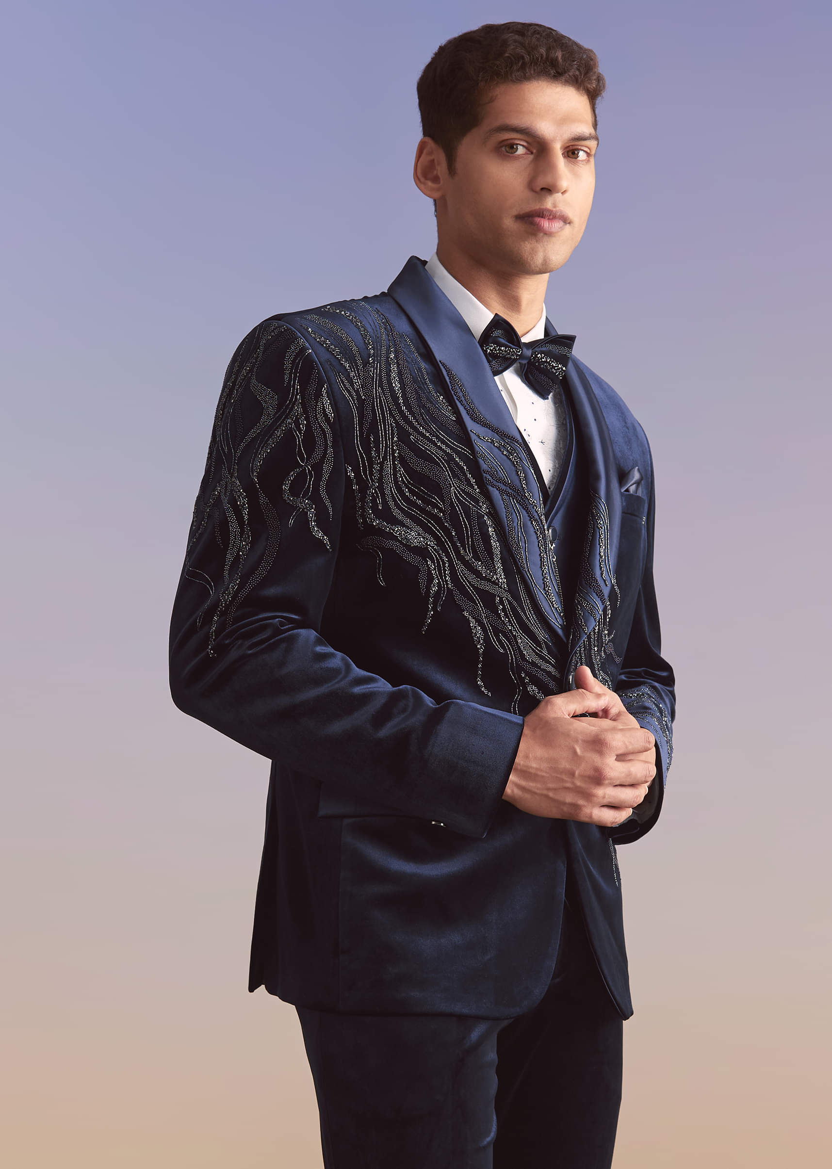 Navy Blue Velvet Tuxedo For Men With Intricate Hand Work - Image 4