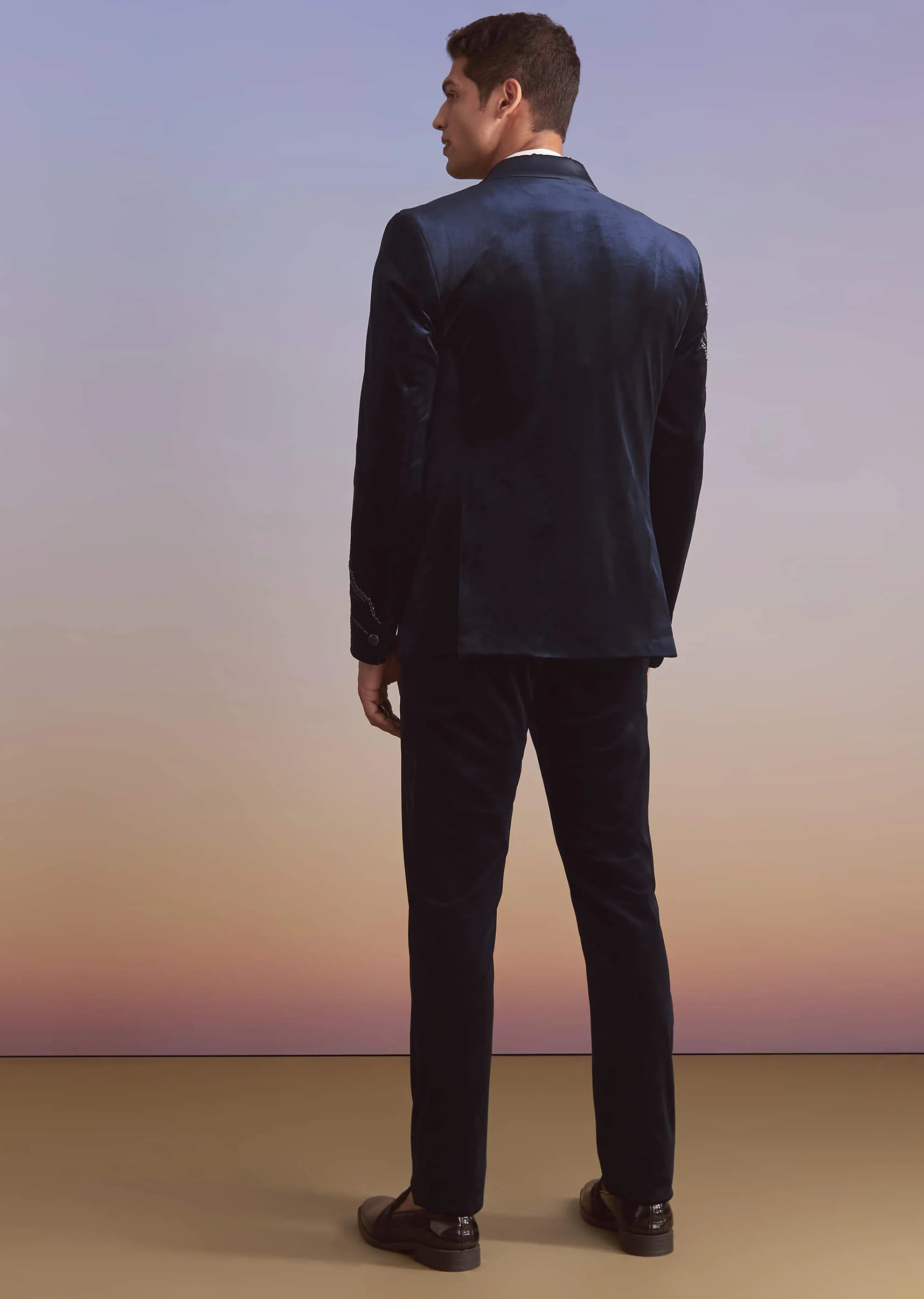 Navy Blue Velvet Tuxedo For Men With Intricate Hand Work - Image 5