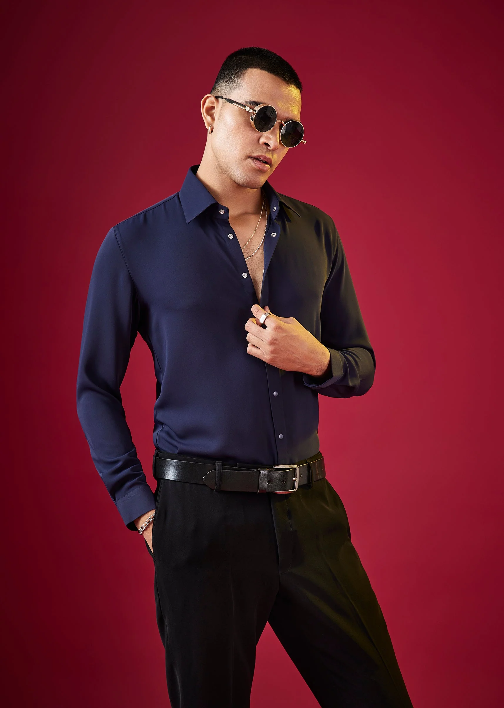 Navy Blue Viscose Button Front Mens Shirt - Image 3