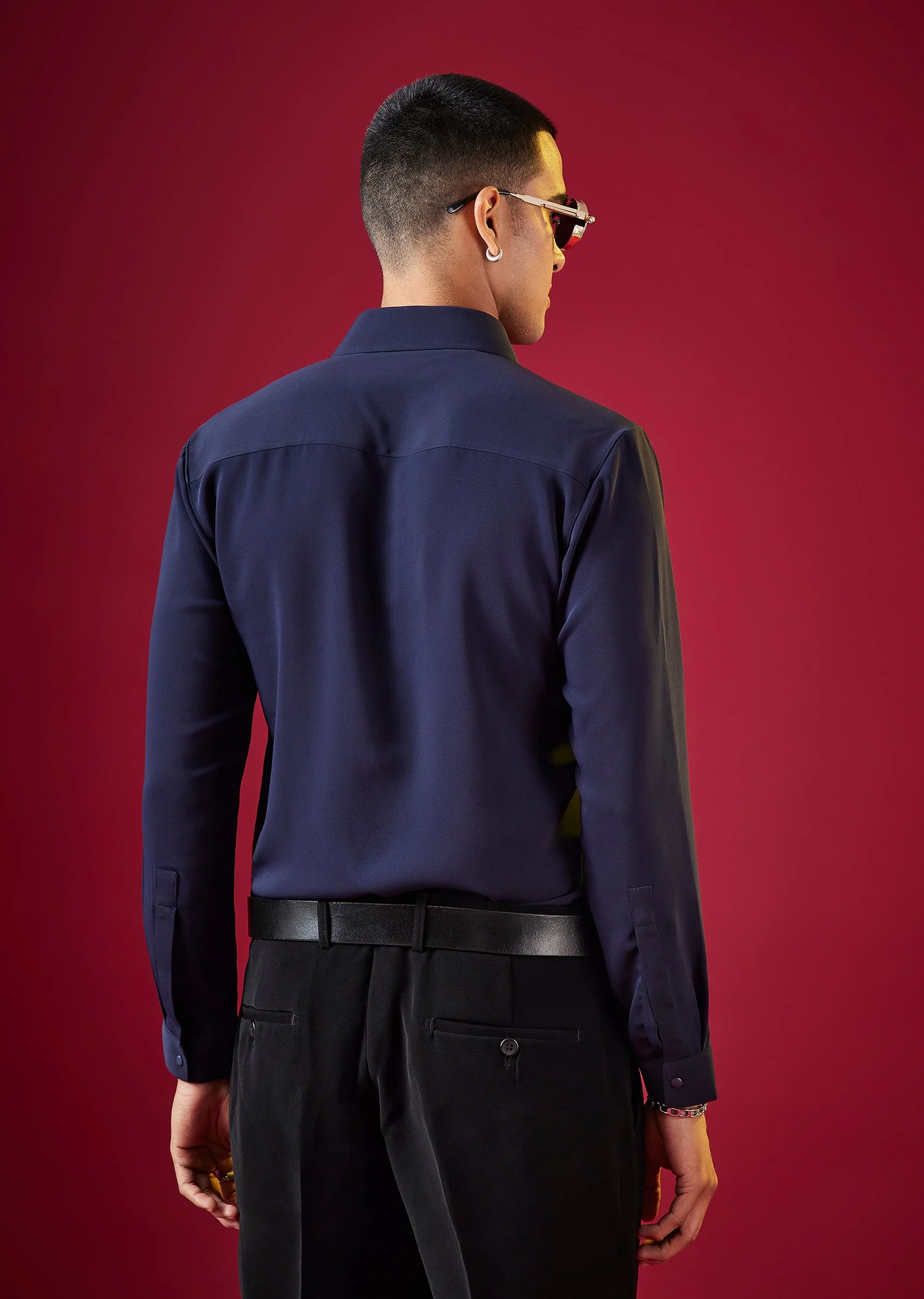 Navy Blue Viscose Button Front Mens Shirt - Image 4