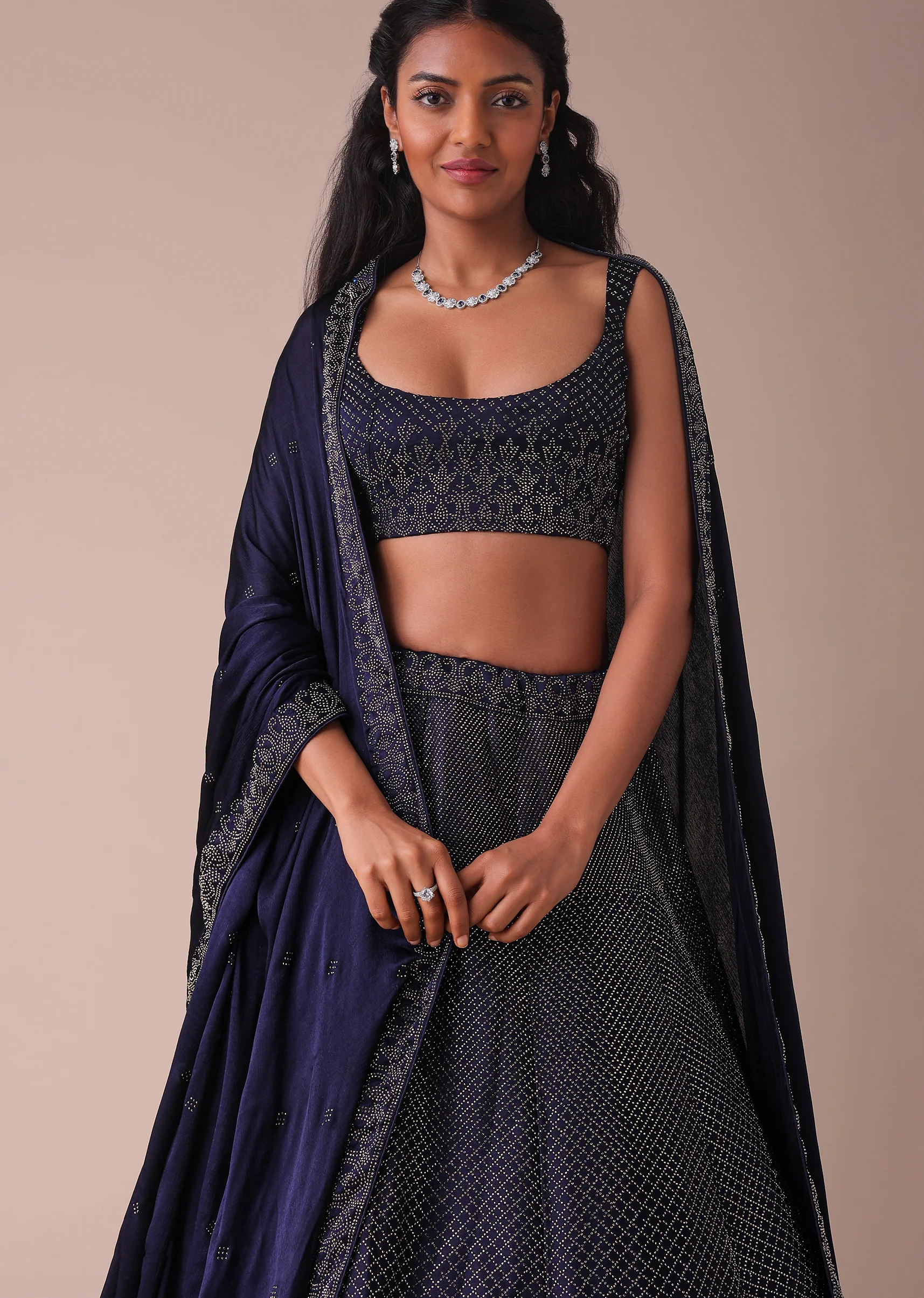 Navy Blue Wrinkle Satin Lehenga With Swarovski Crystals - Image 3