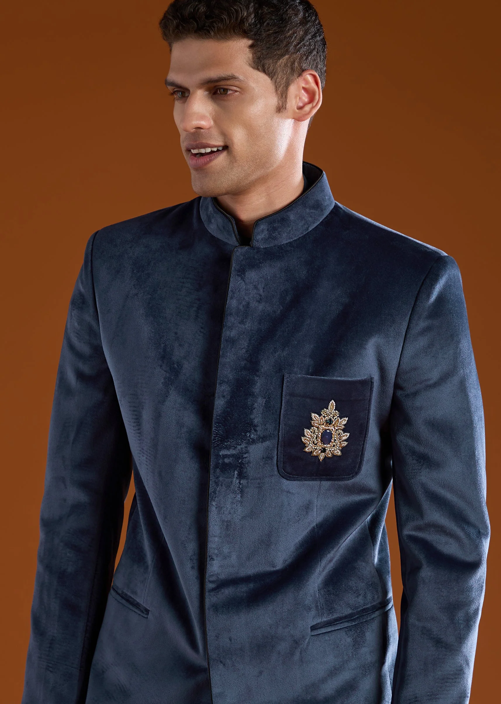 Navy Blue Zardozi Work Jodhpuri and Pant Set in Velvet - Image 2