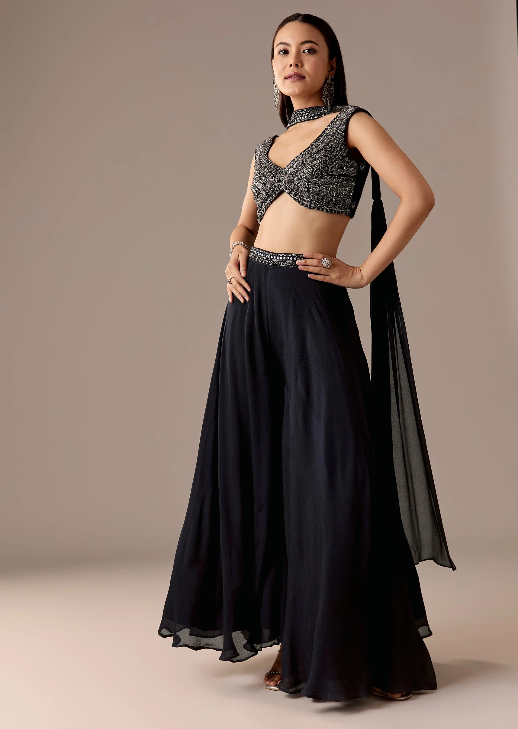 Navy Croptop Palazzo Set With Dupatta - Image 3