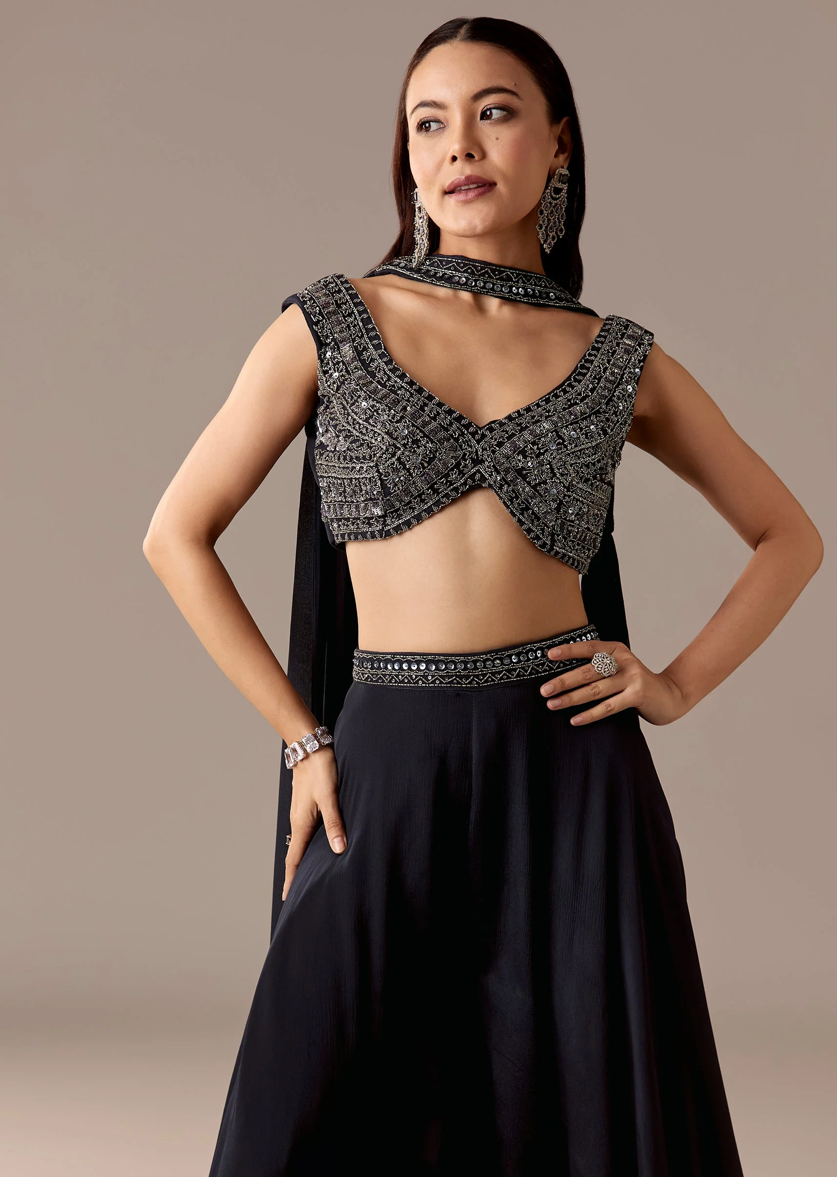 Navy Croptop Palazzo Set With Dupatta - Image 4
