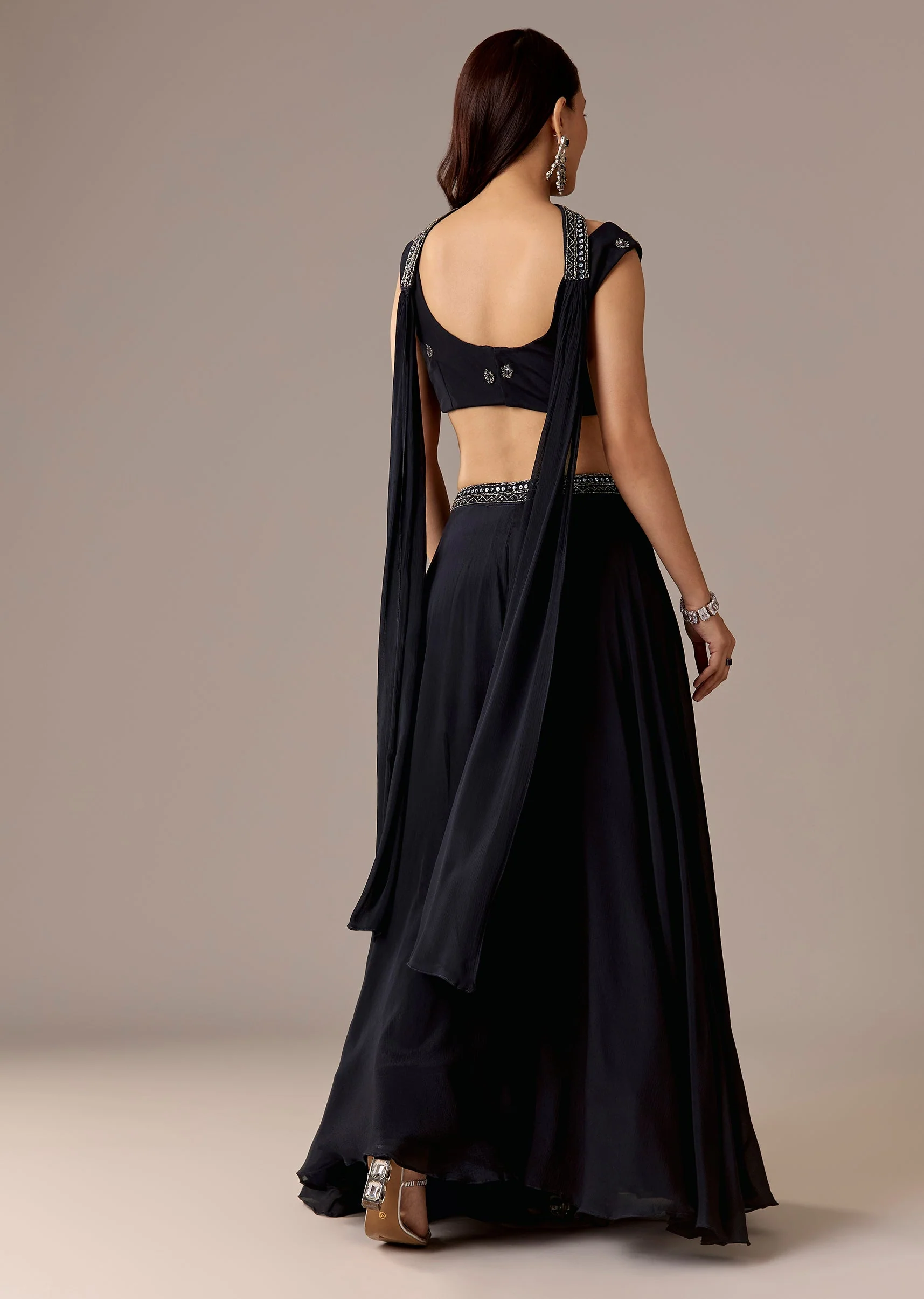 Navy Croptop Palazzo Set With Dupatta - Image 5