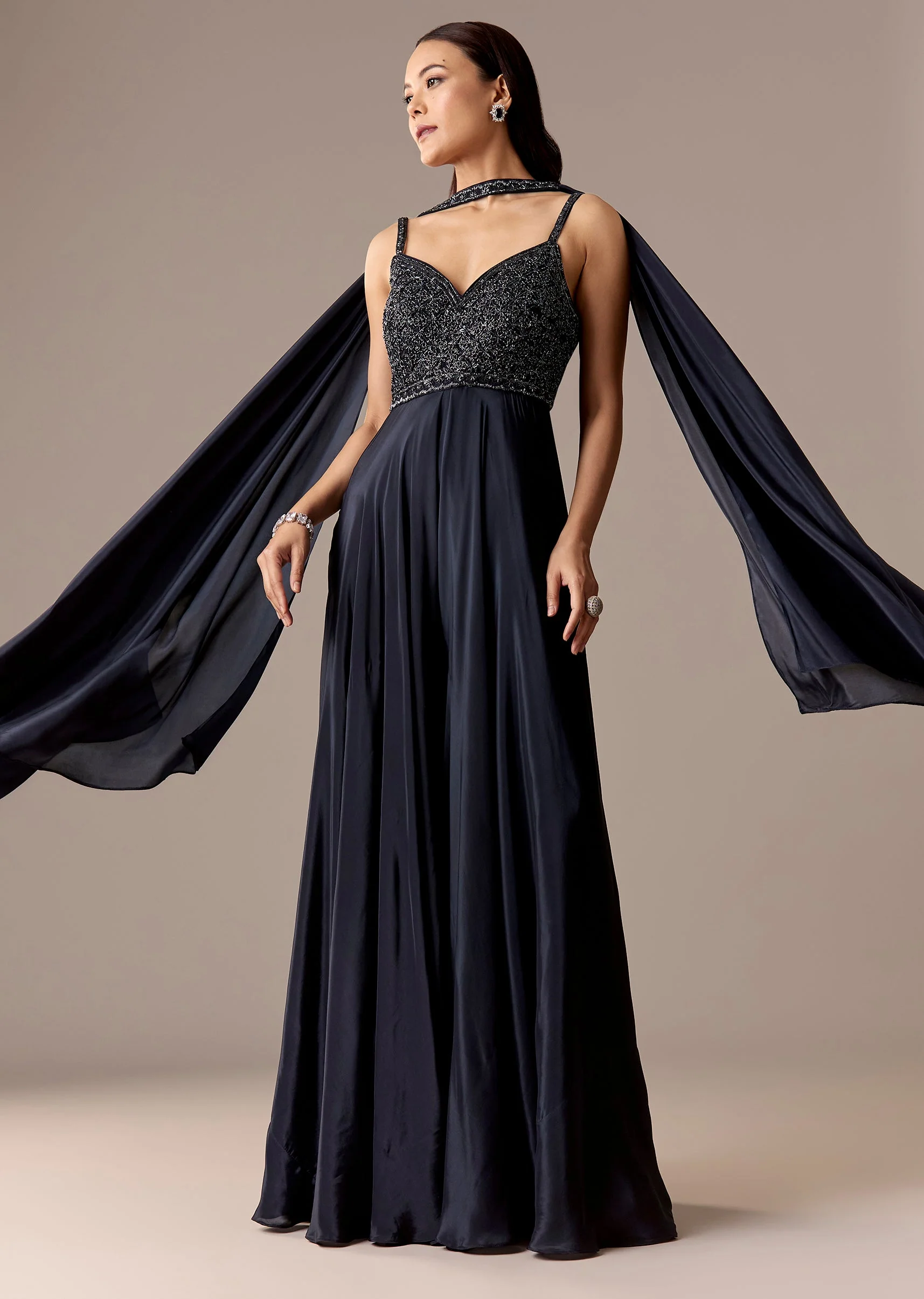 Navy Embellished Jumpsuit With Choker Dupatta - Image 3