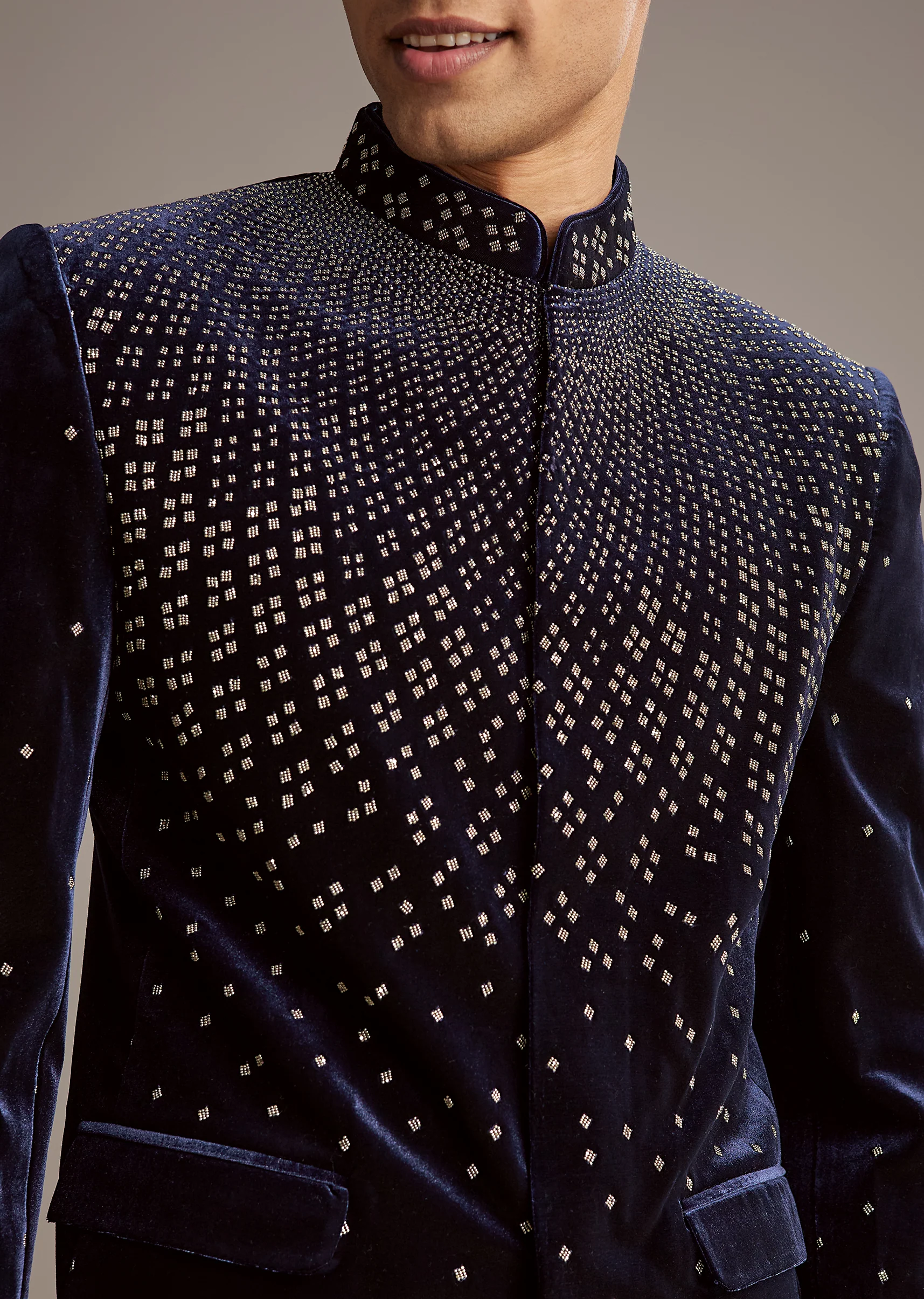 Navy Evening Duo – Fusion Lehenga For Her And Velvet Jodhpuri Suit For Him - Image 6