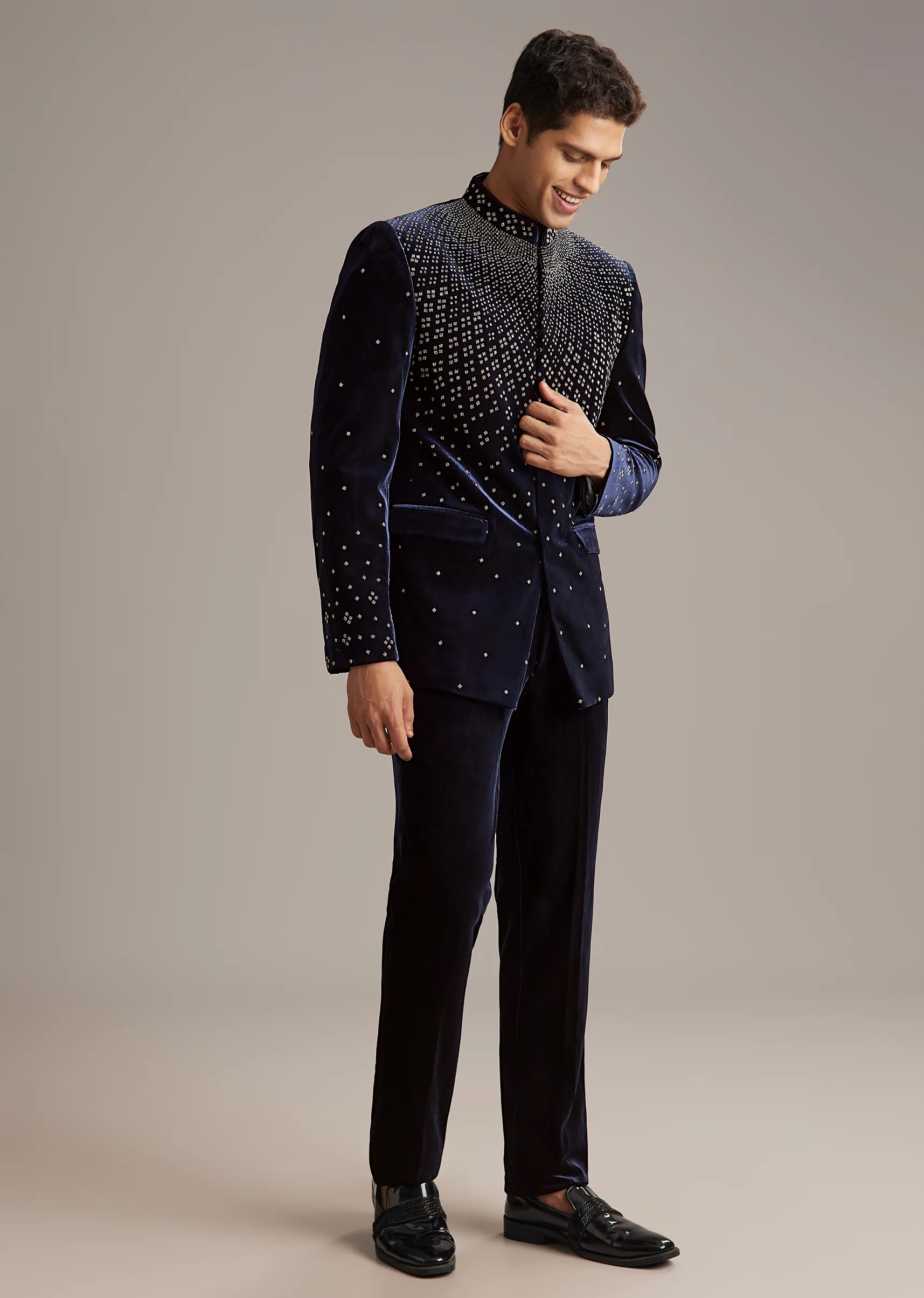 Navy Evening Duo – Fusion Lehenga For Her And Velvet Jodhpuri Suit For Him - Image 8