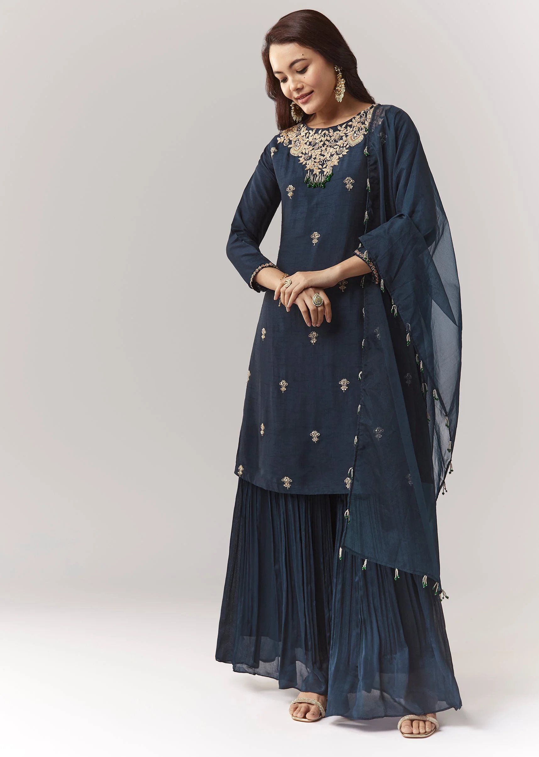 Navy Pakistani Style Sharara Set With Dupatta - Image 3