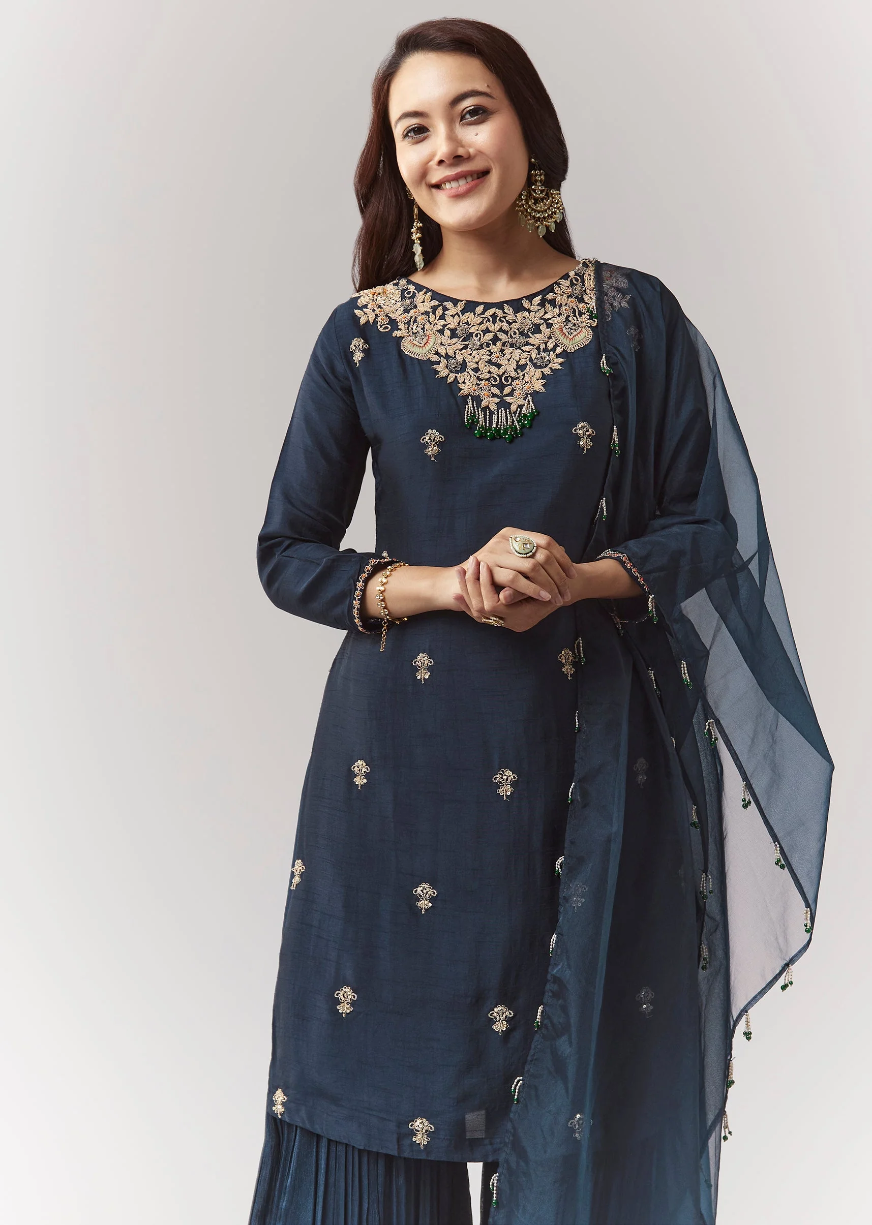 Navy Pakistani Style Sharara Set With Dupatta - Image 4