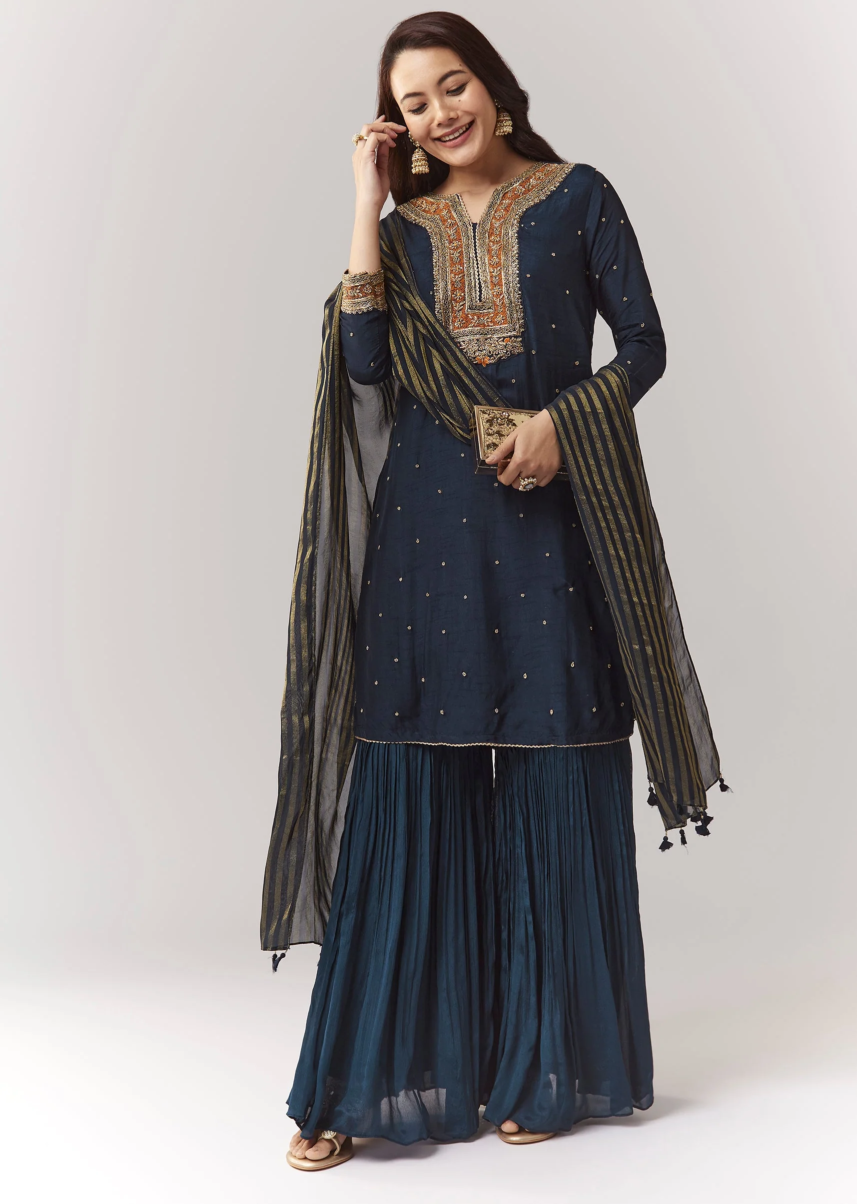 Navy Zardosi Kurta Sharara Set With Organza Dupatta - Image 3