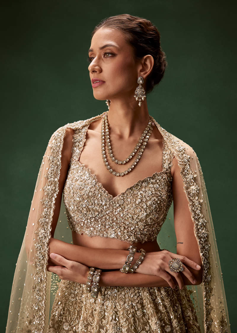 Nude Bridal Lehenga With Intricate Floral Sequin And Beadwork - Image 3