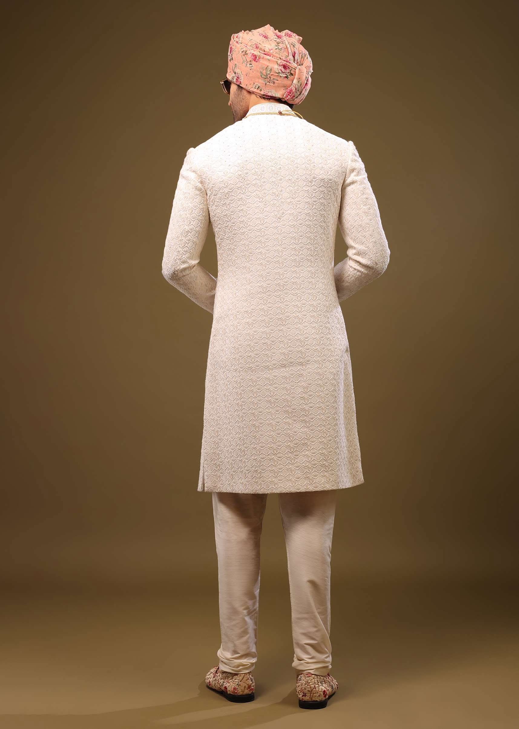 Nude White Lucknowi Sherwani Set In Zari And Cut-dana - Image 3