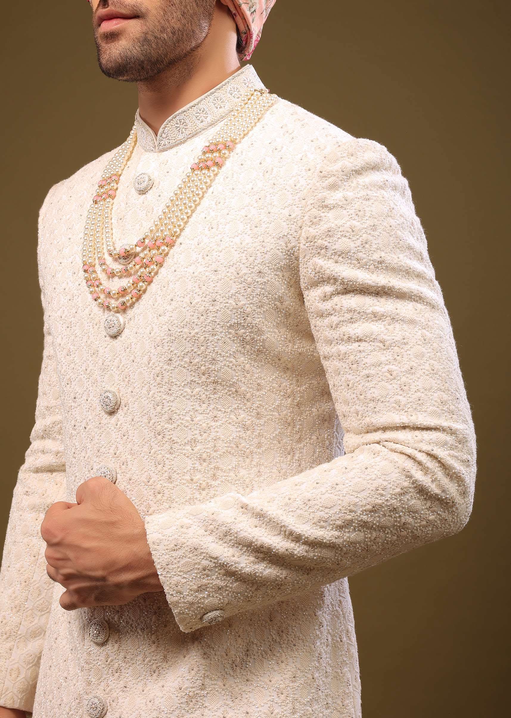 Nude White Lucknowi Sherwani Set In Zari And Cut-dana - Image 4