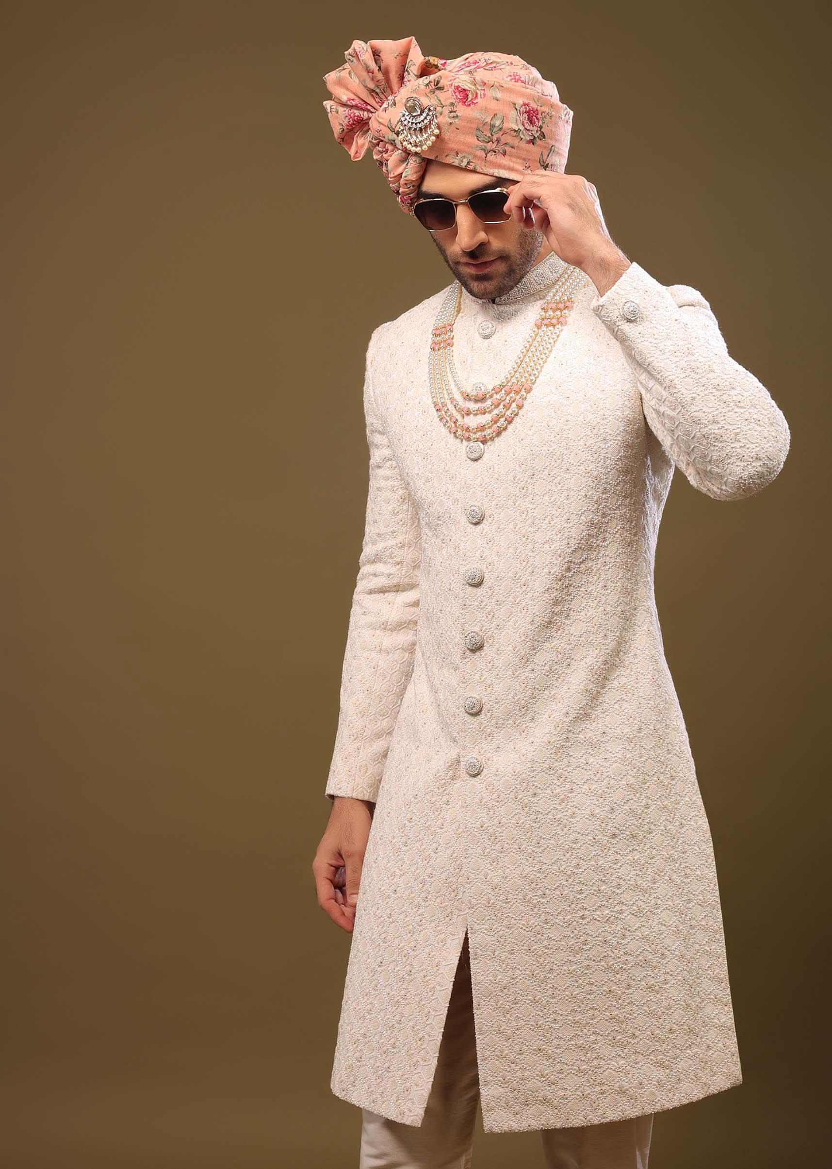Nude White Lucknowi Sherwani Set In Zari And Cut-dana - Image 5