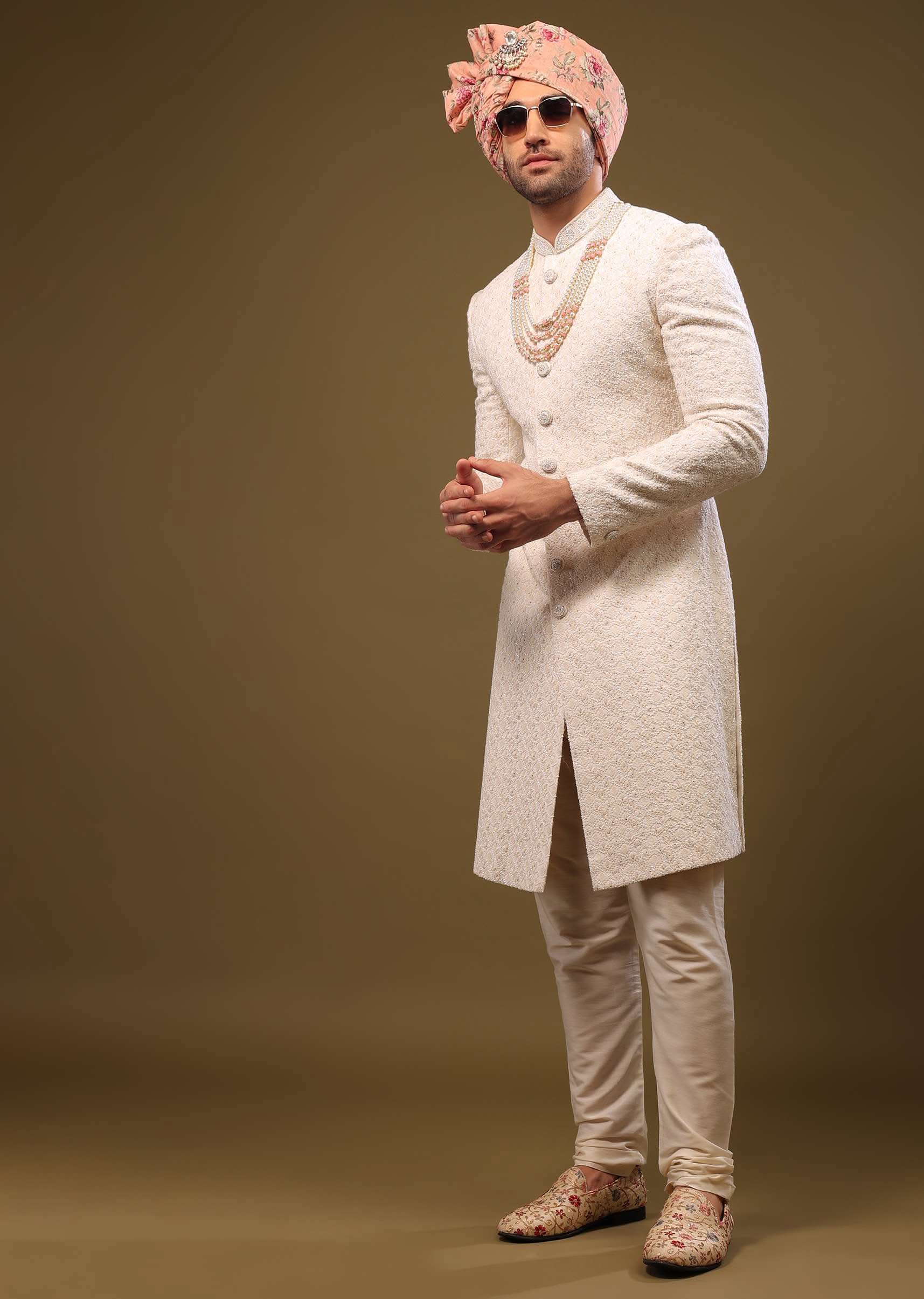 Nude White Lucknowi Sherwani Set In Zari And Cut-dana - Image 7