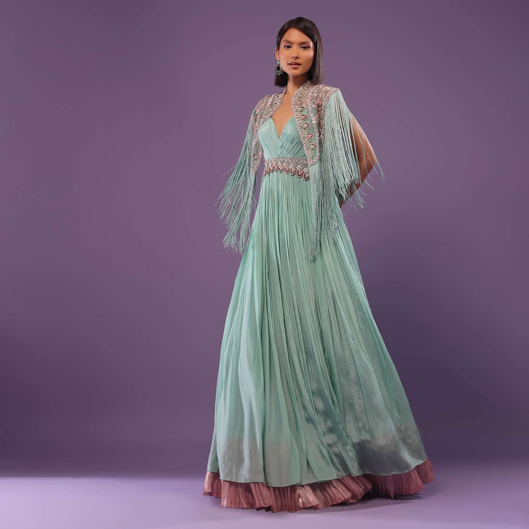 Sea Green Embroidered Gown In Crepe - Image 3
