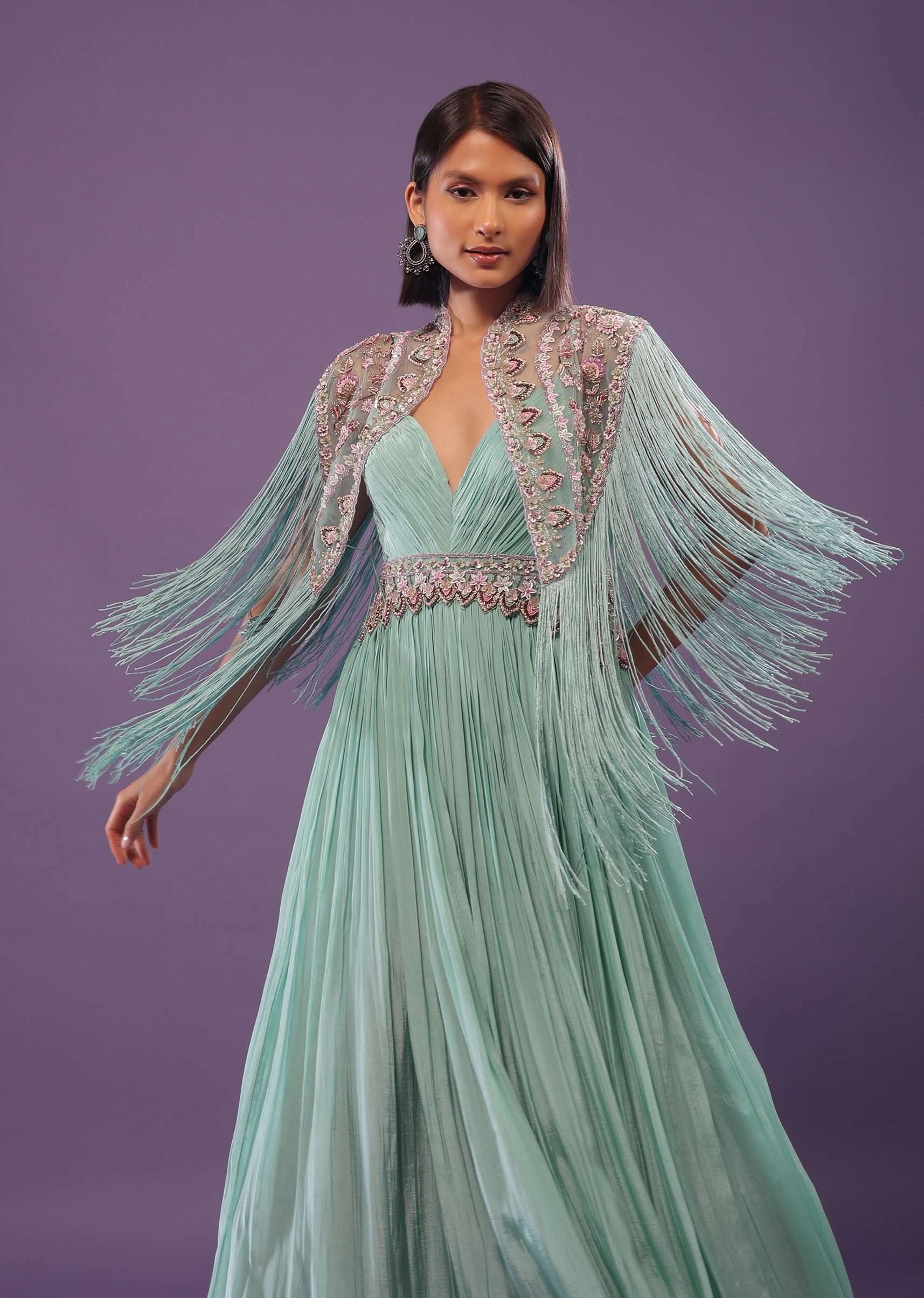 Sea Green Embroidered Gown In Crepe - Image 4