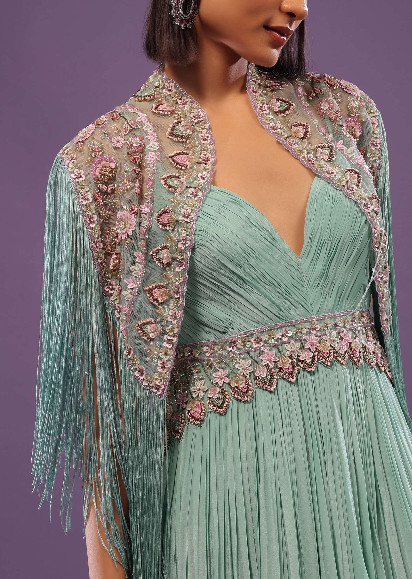 Sea Green Embroidered Gown In Crepe - Image 5