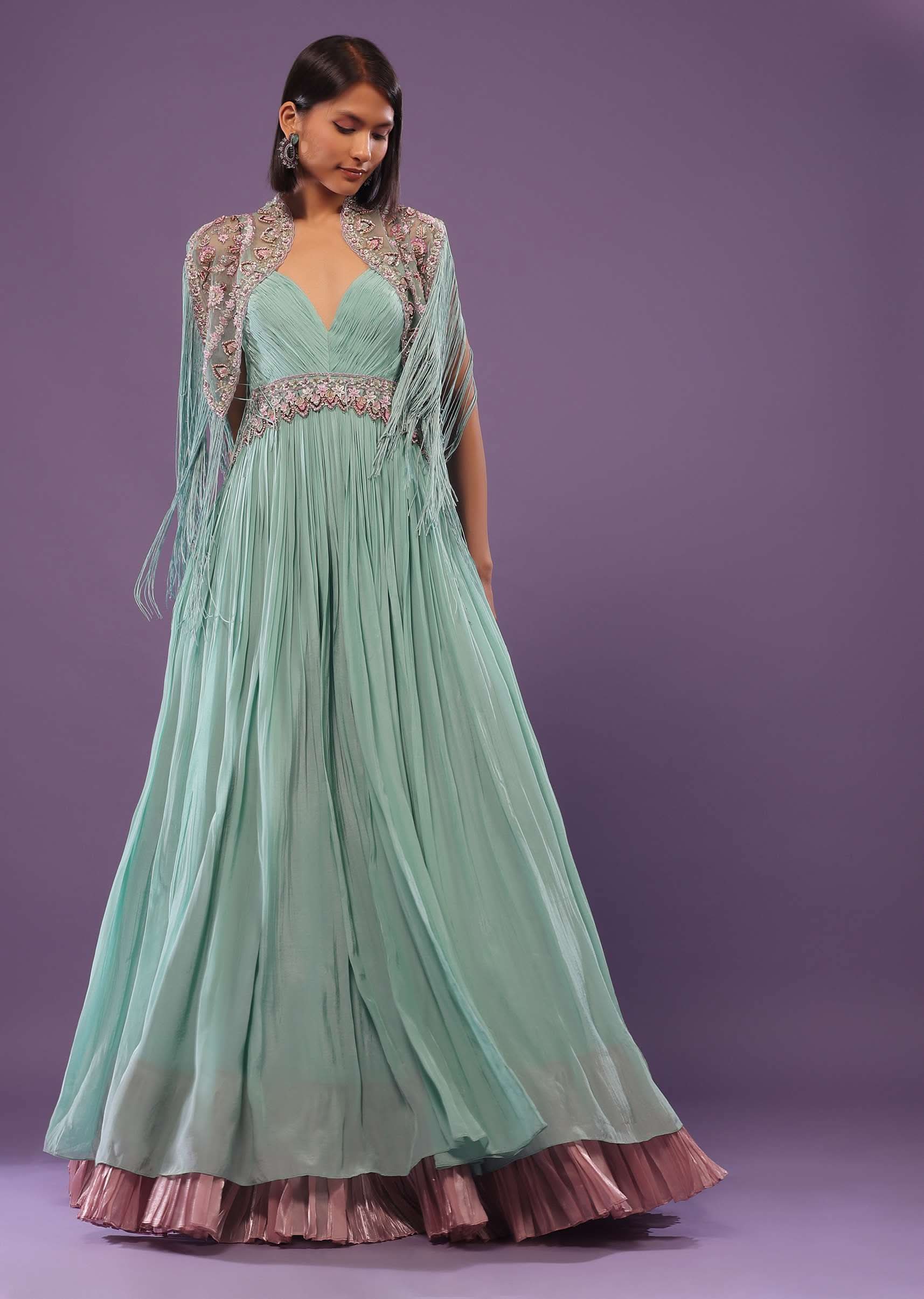 Sea Green Embroidered Gown In Crepe - Image 6