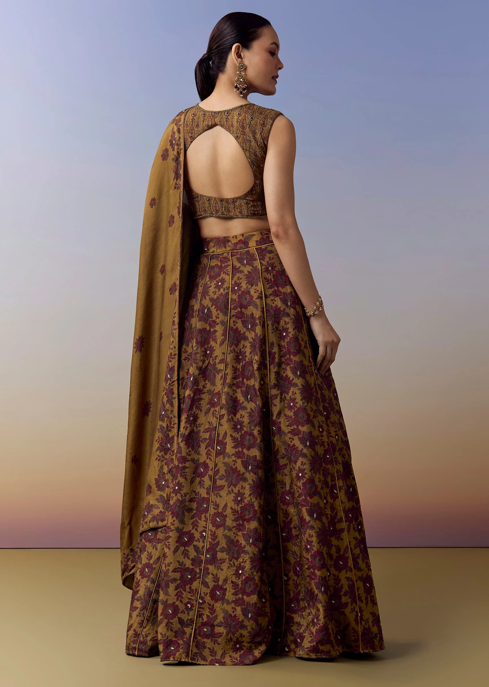 Ochre Yellow Bridesmaid Lehenga With Floral Print And Cut Dana Beads Work - Image 5