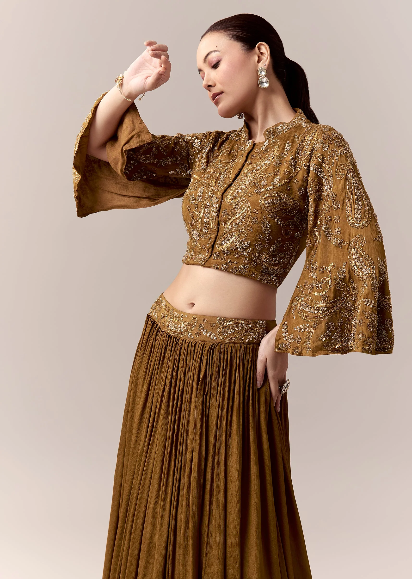 Ochre Yellow Crop Top Skirt Indo Western With Cut Dana Sequins Work - Image 4