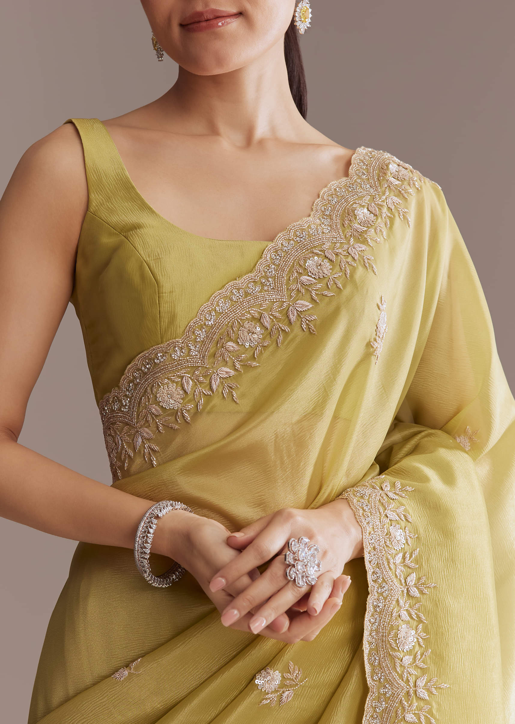 Ochre Yellow Tissue Saree With Zardosi And Stone Embroidery - Image 2