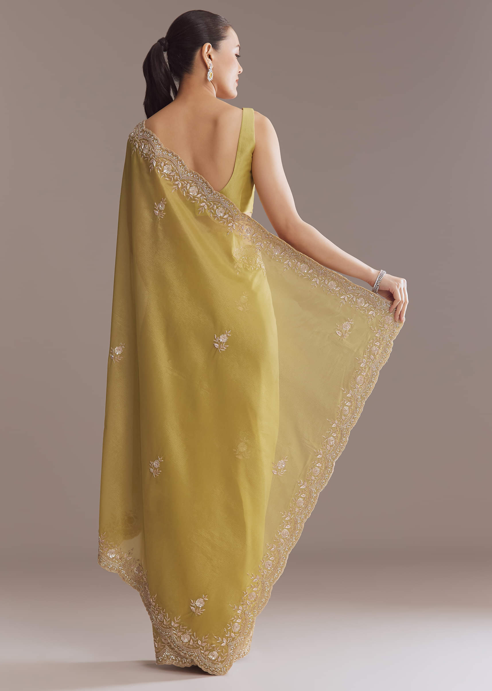 Ochre Yellow Tissue Saree With Zardosi And Stone Embroidery - Image 3