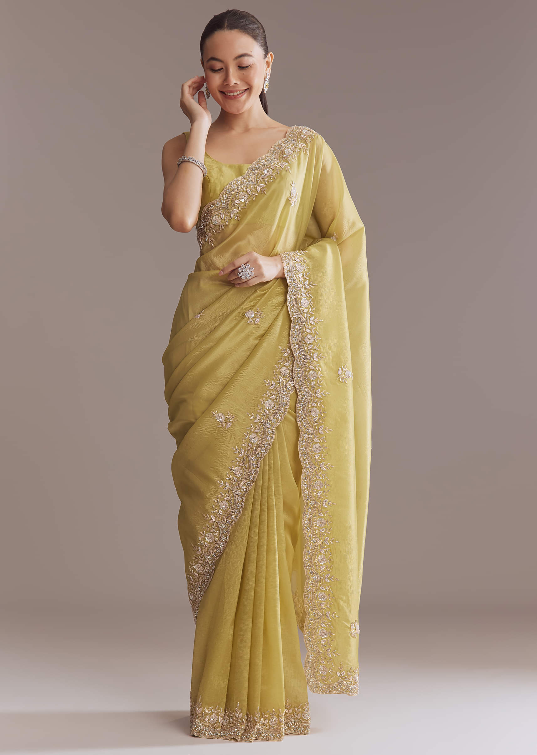 Ochre Yellow Tissue Saree With Zardosi And Stone Embroidery - Image 9