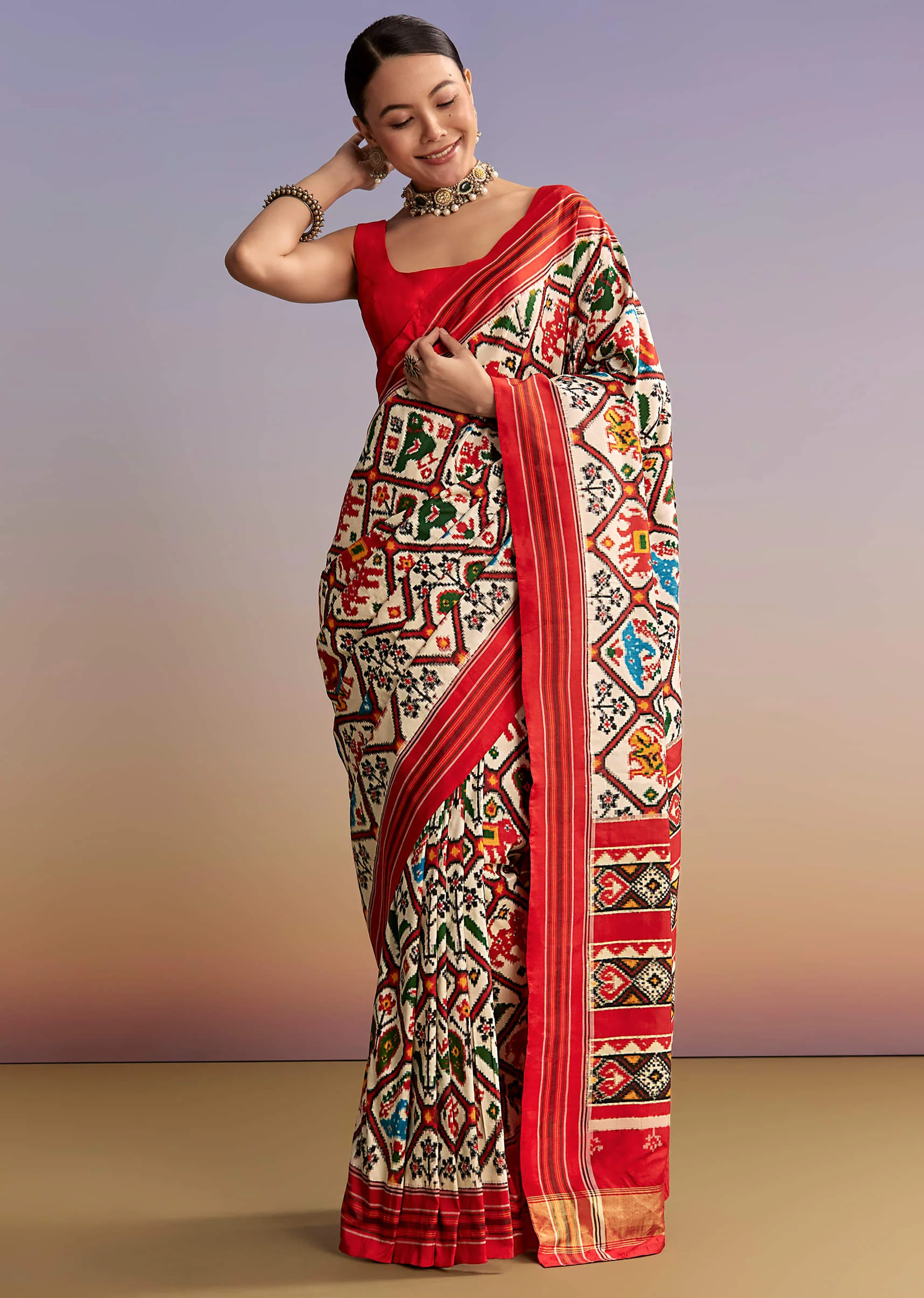 Off White And Ruby Red Double Ikkat Handwoven Patola Saree - Image 10