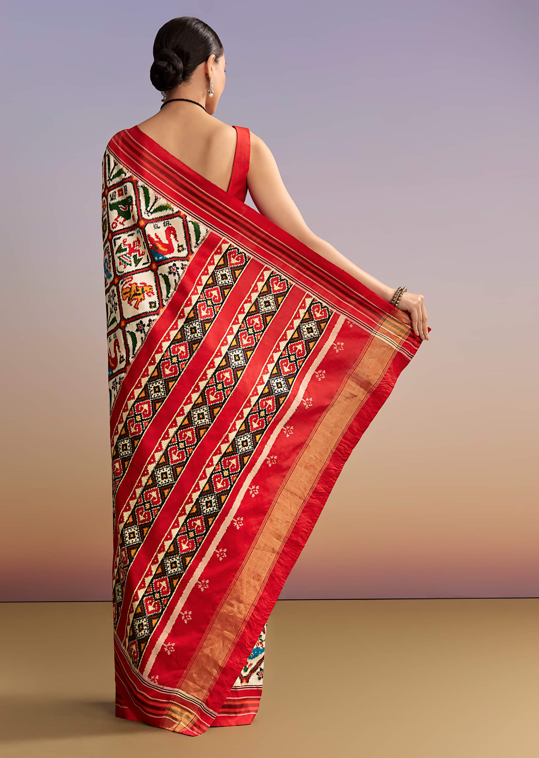 Off White And Ruby Red Double Ikkat Handwoven Patola Saree - Image 4