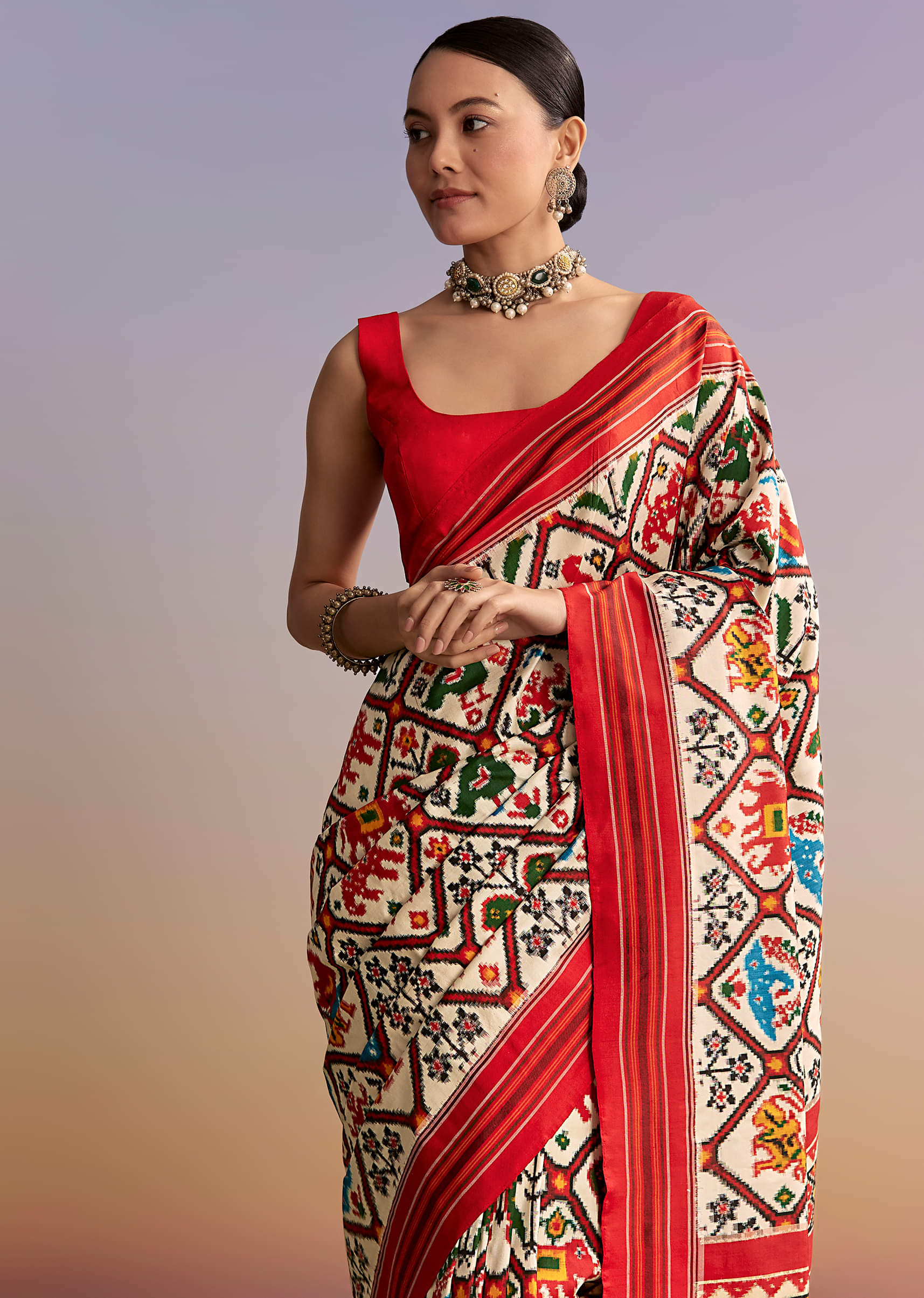 Off White And Ruby Red Double Ikkat Handwoven Patola Saree - Image 5