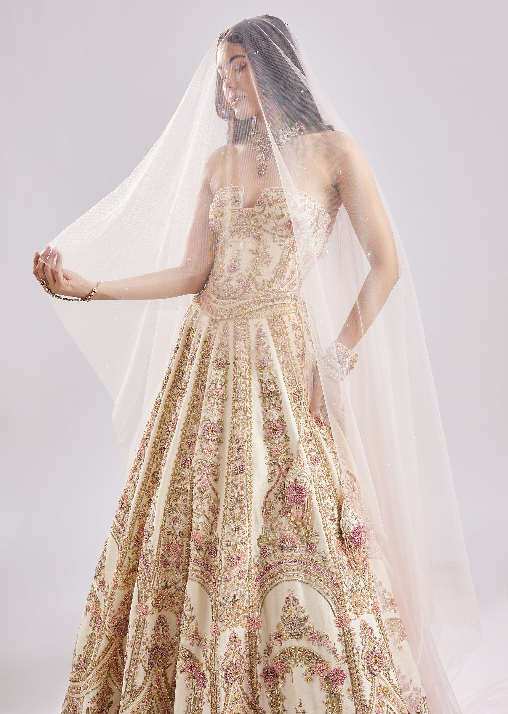 Off White Antique Embroidered Bridal Lehenga Set - Image 3