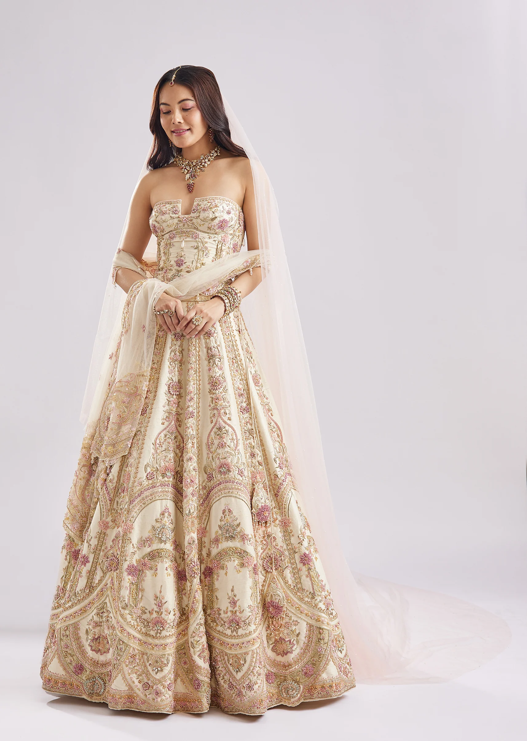 Off White Antique Embroidered Bridal Lehenga Set - Image 4