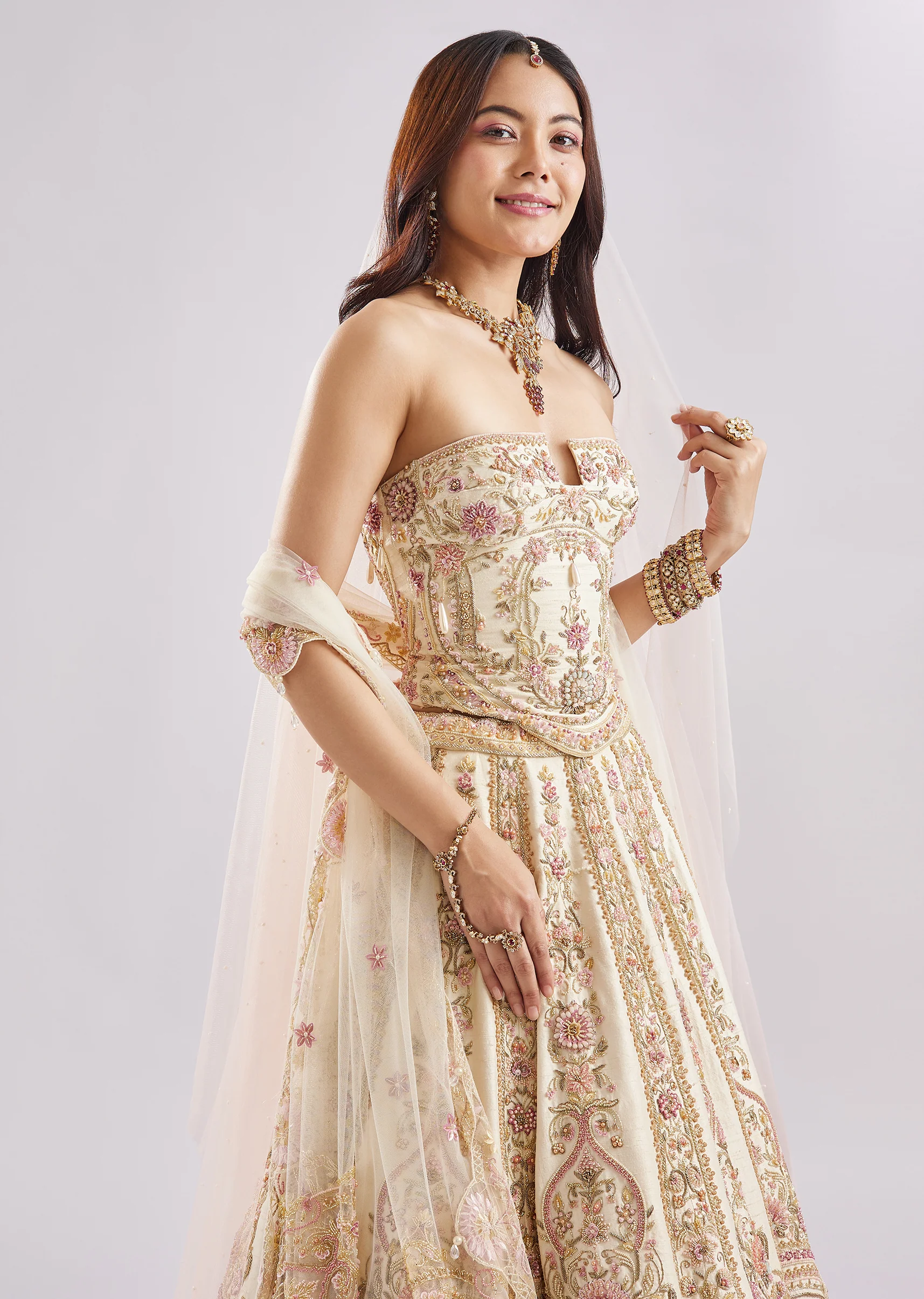 Off White Antique Embroidered Bridal Lehenga Set - Image 5