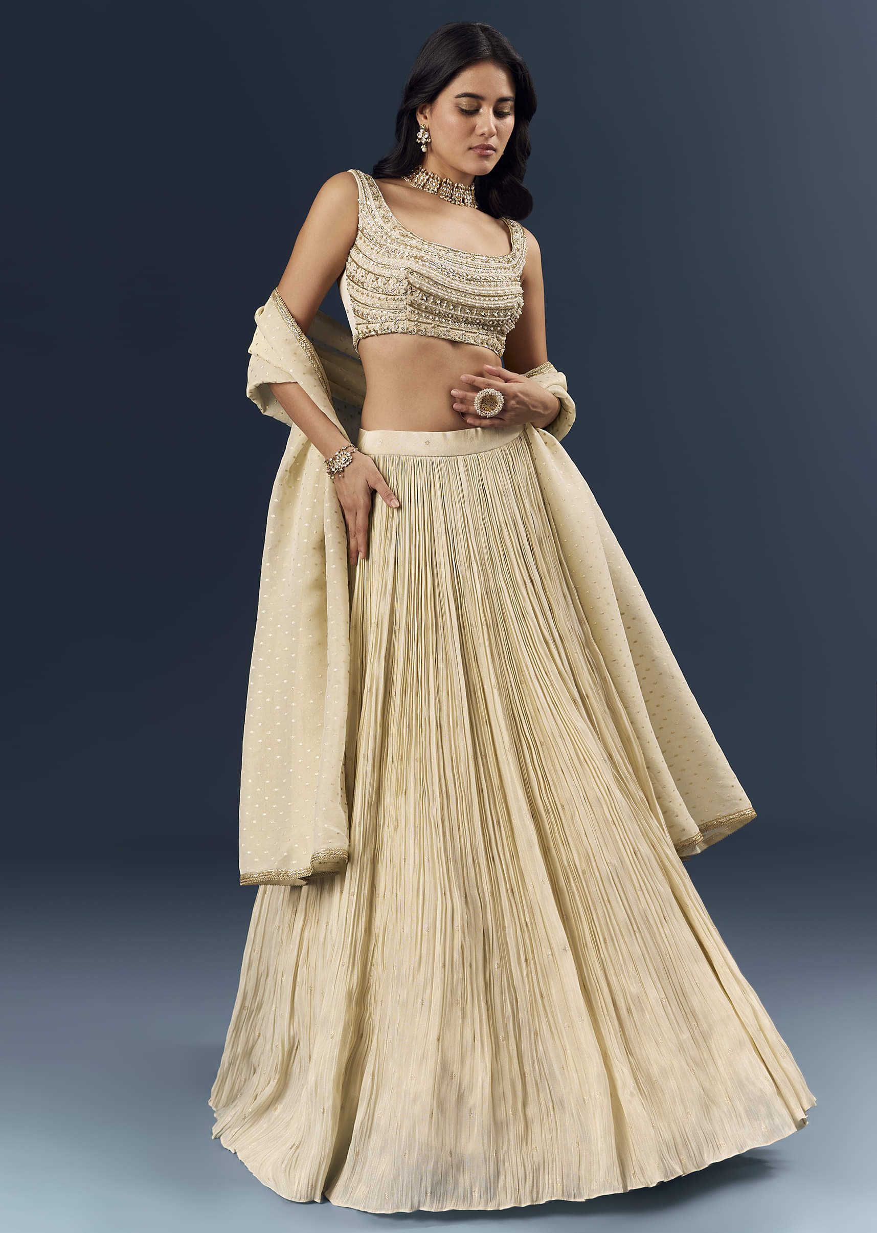Off White Banarasi Silk Bridesmaid Lehenga With Intricate Hand Embroidery - Image 4