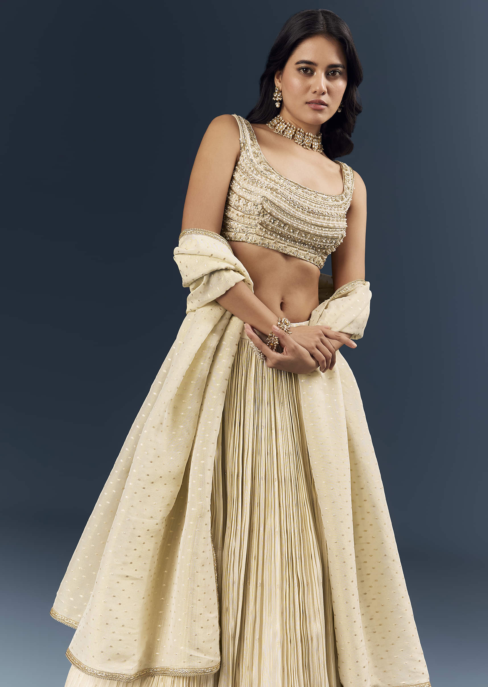 Off White Banarasi Silk Bridesmaid Lehenga With Intricate Hand Embroidery - Image 5
