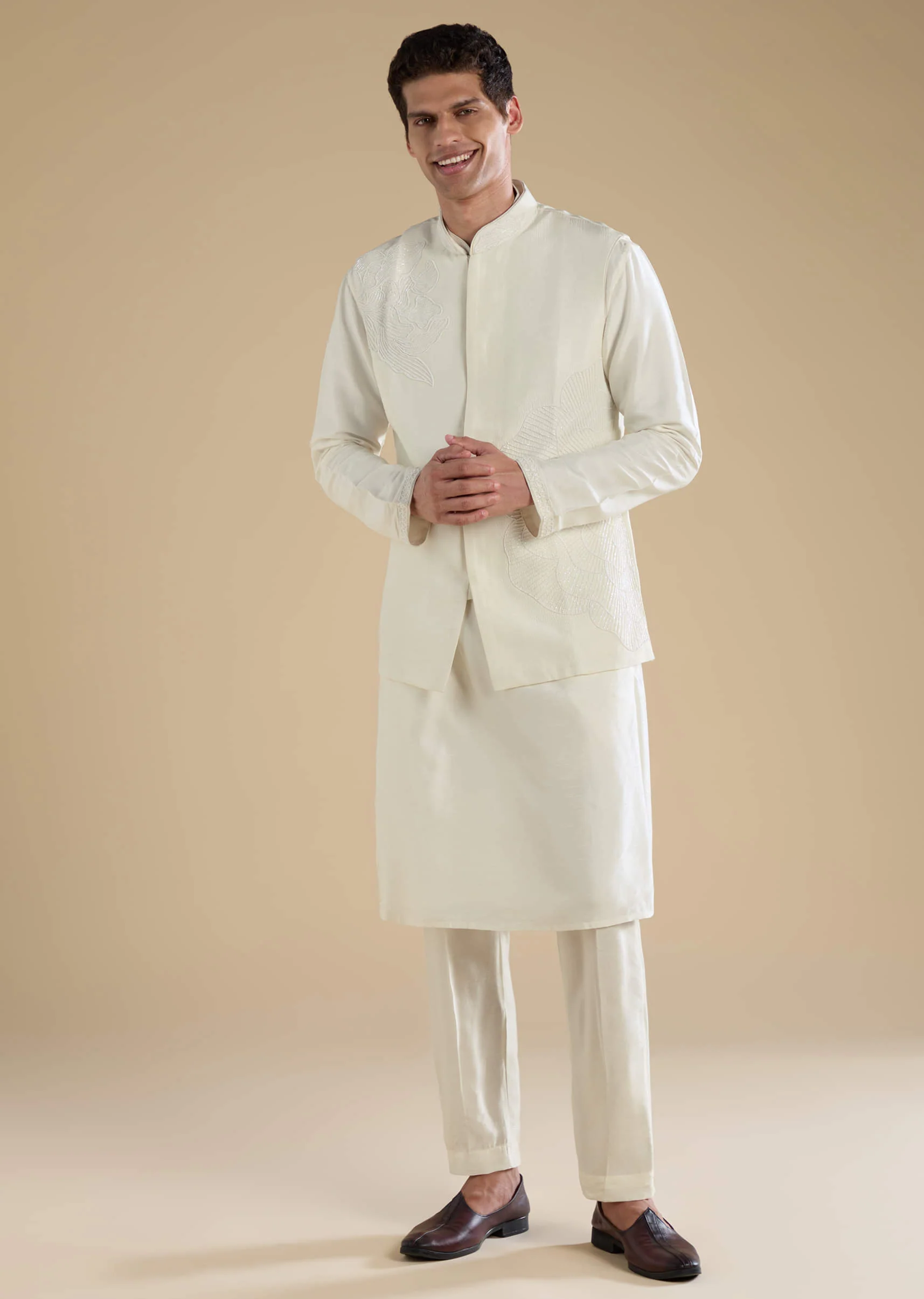 Off White Banarasi Silk Jacket Kurta Set with Cutdana Work