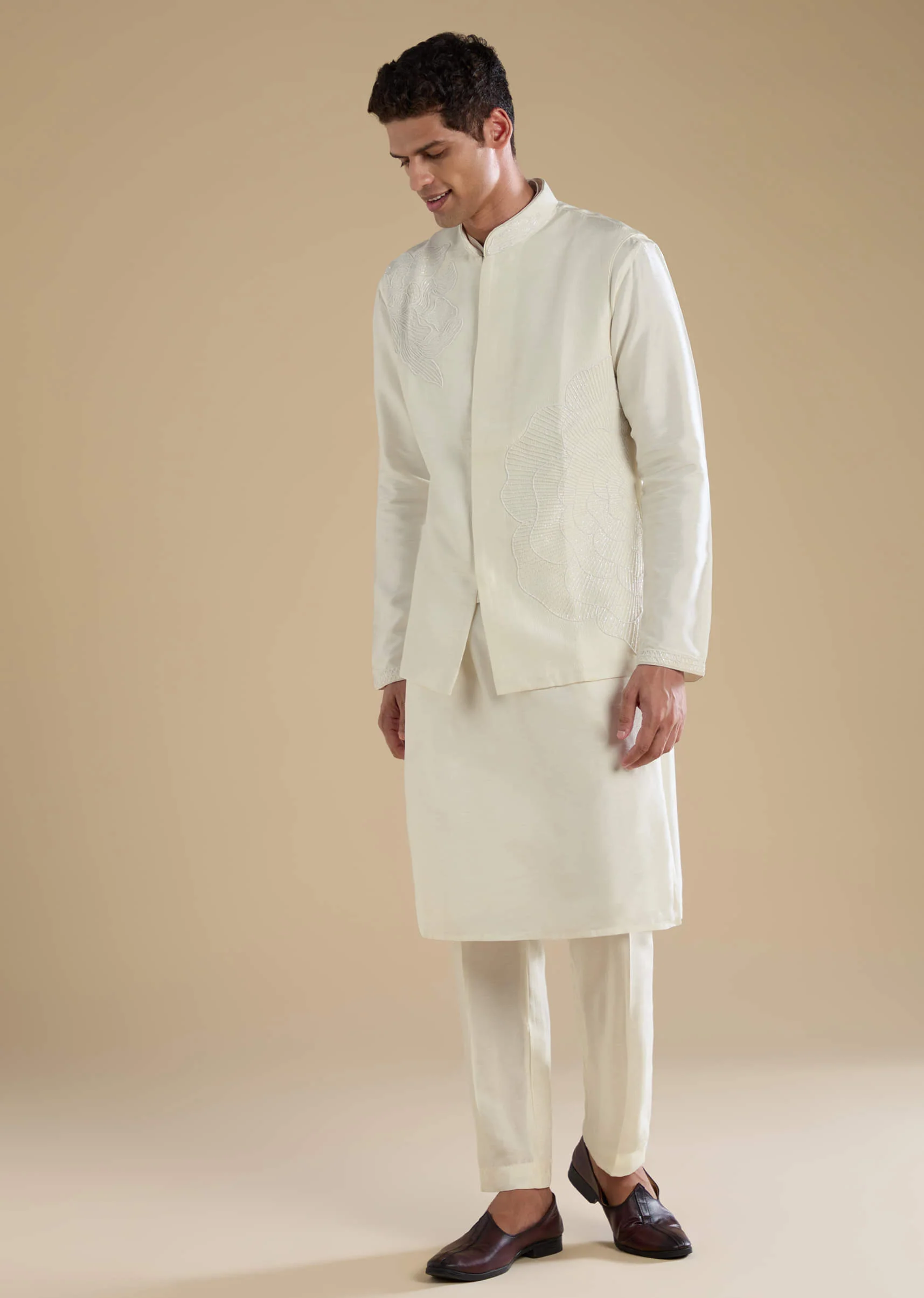 Off White Banarasi Silk Jacket Kurta Set with Cutdana Work - Image 3