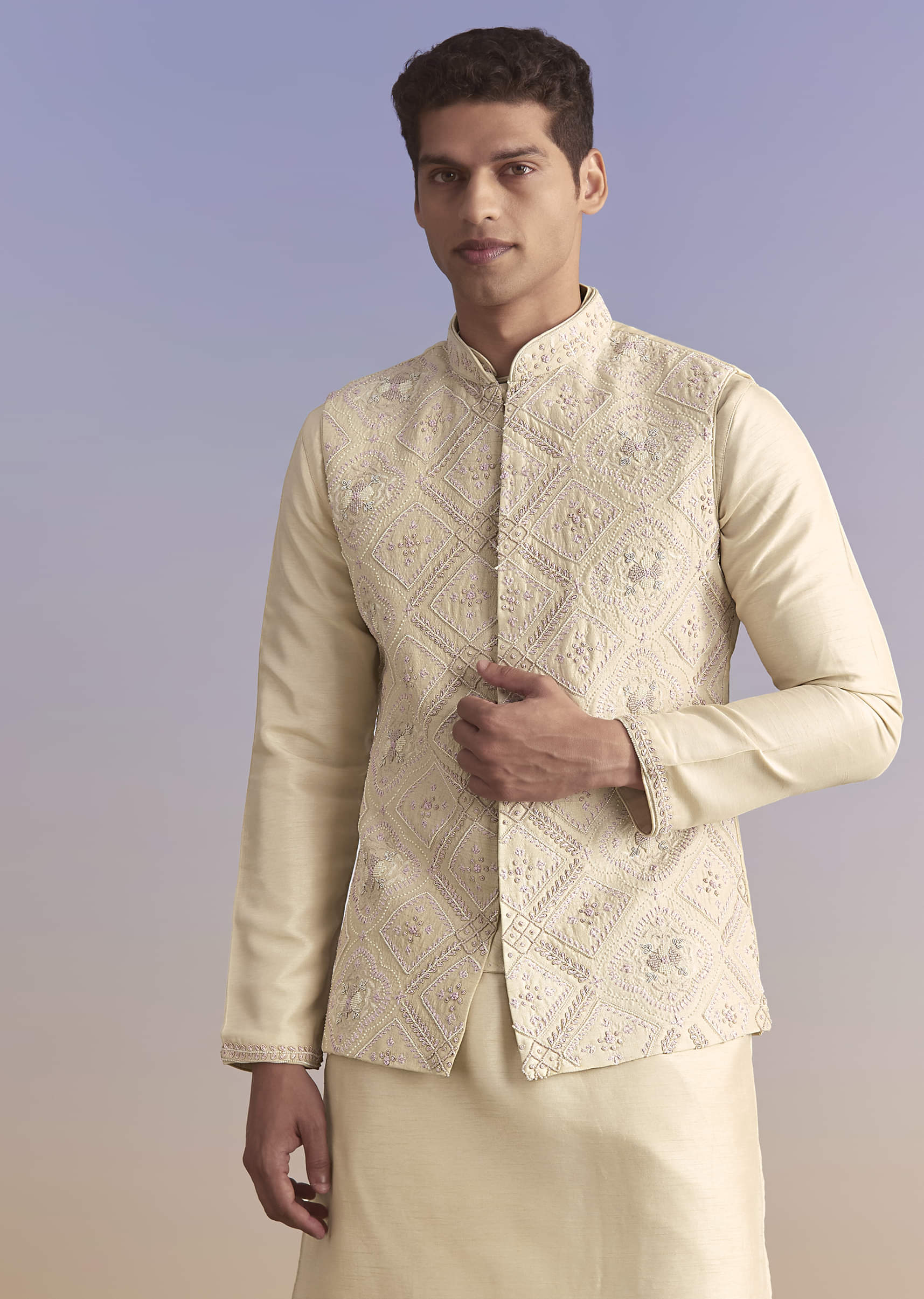 Off White Banarasi Silk Kurta Jacket Set For Men With Embroidery - Image 4
