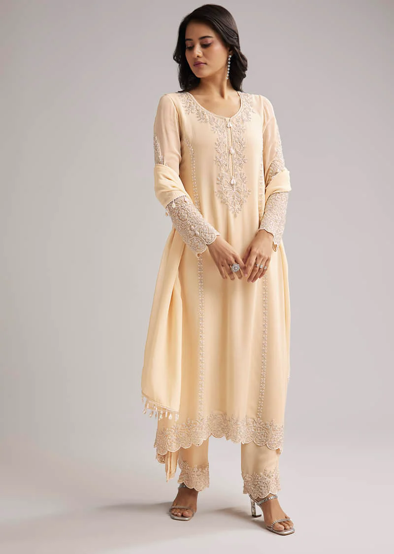 Off White Beaded Kurti Pant Set With Dupatta - Image 4