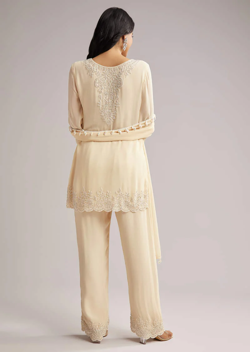 Off White Beaded Short Kurti Pant Set With Dupatta - Image 5