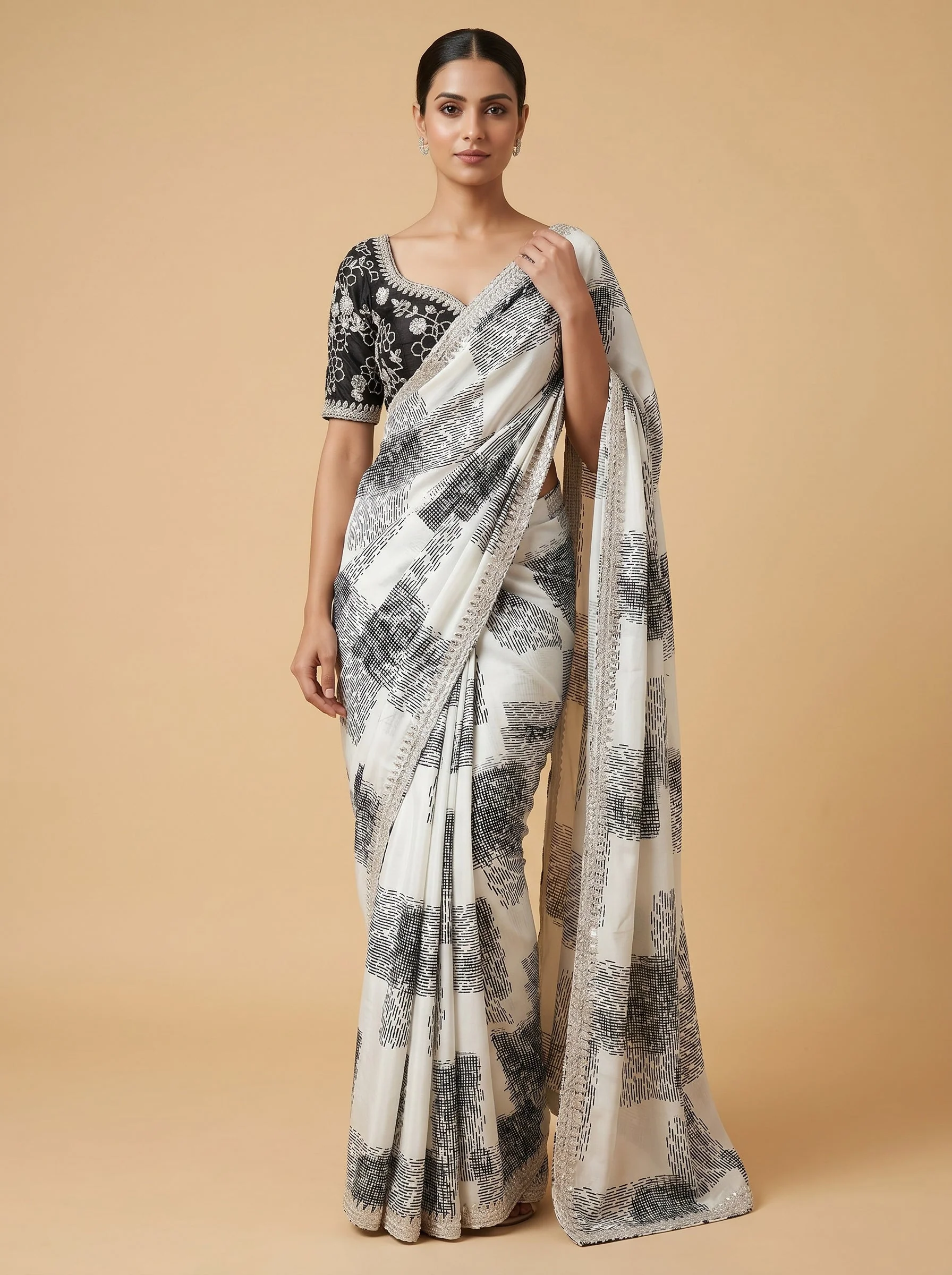 Off White Black Contrast Embroidered Saree