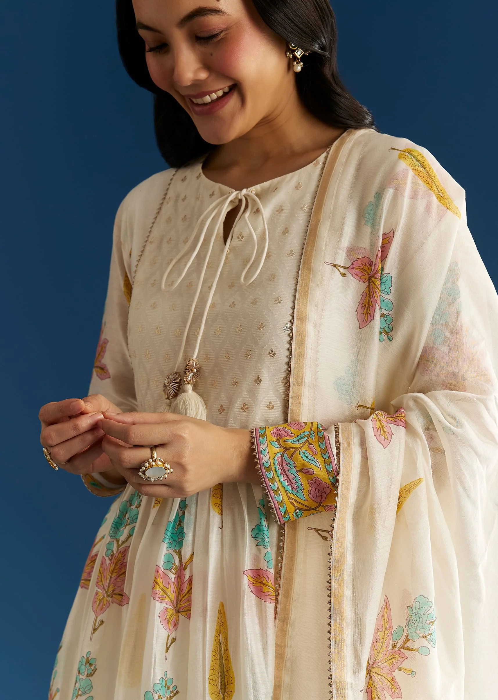 Off White Block Print Anarkali And Dupatta Set With Gotta Lace Detailing - Image 2