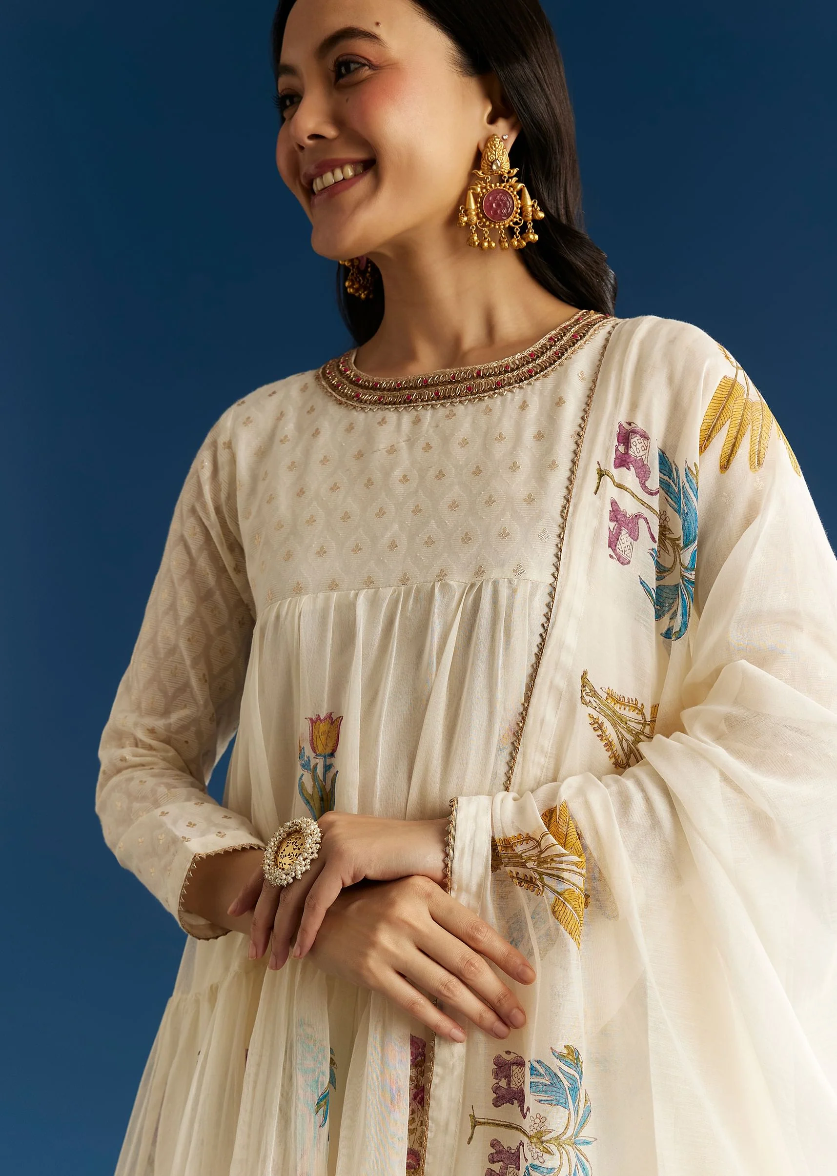 Off White Block Print Anarkali Set With Block Print Dupatta - Image 2
