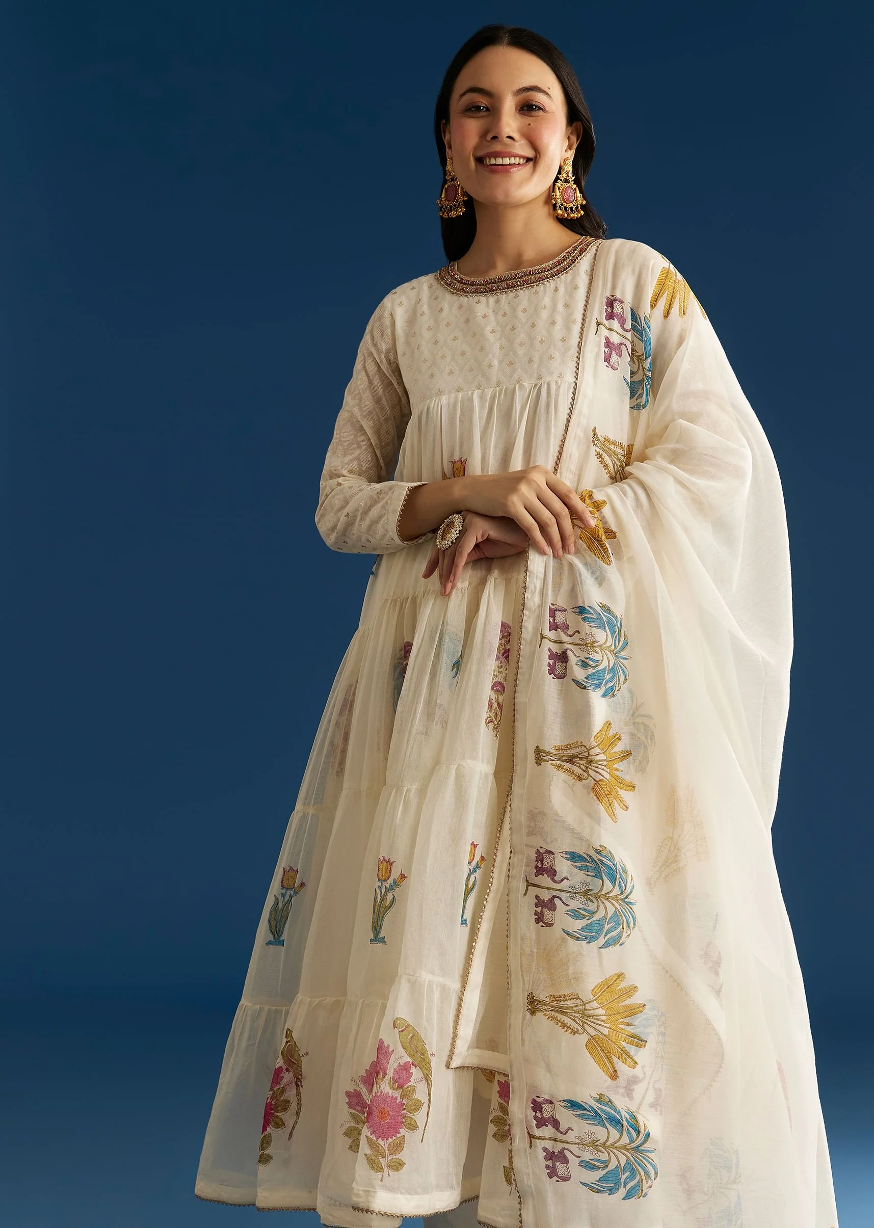 Off White Block Print Anarkali Set With Block Print Dupatta - Image 4